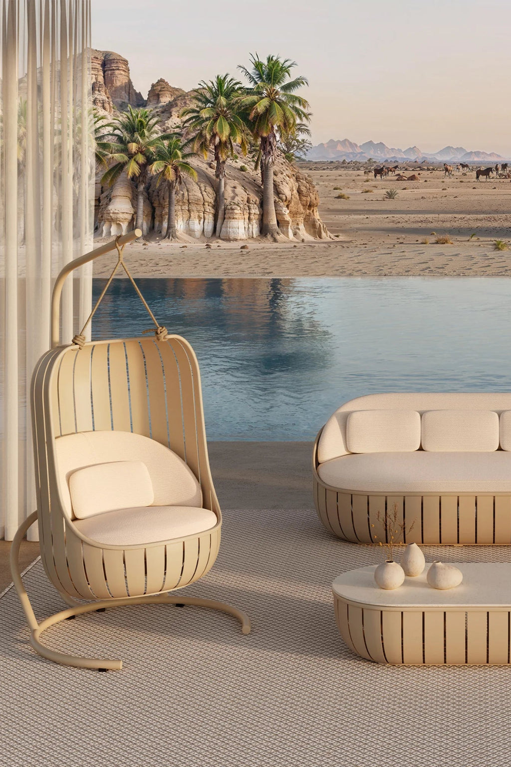 Gandia Blasco Arena Outdoor Swing, a contemporary outdoor swing chair featuring a light beige powder-coated aluminum frame with a distinctive slatted cocoon-like body and plush cream upholstered cushions. This organic modern hanging chair provides a luxurious suspended seating experience, ideal for stylish patios, garden lounges, or poolside relaxation.