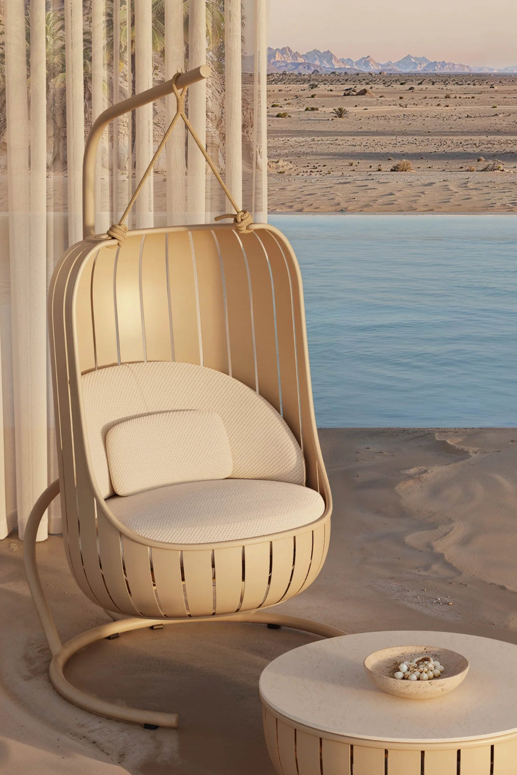 Gandia Blasco Arena Outdoor Swing, a modern minimalist outdoor swing featuring a sleek, slatted powder-coated aluminum frame in a warm sand beige color.