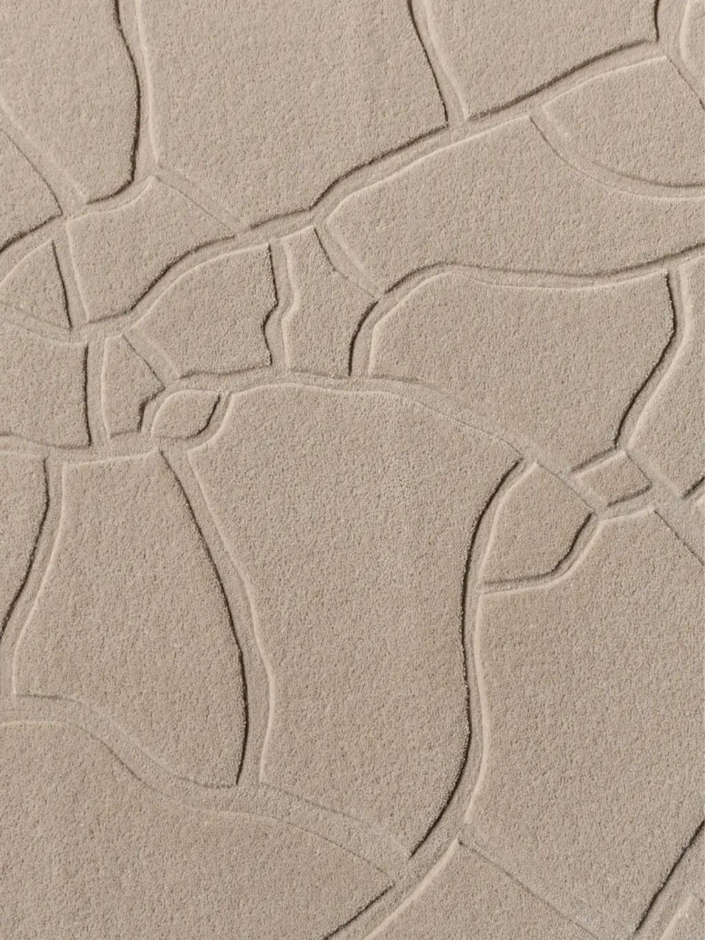 alp_ Aride I Rug, a light beige textured wool rug featuring a dense, granular pile and an organic, raised line pattern resembling cracked earth or a dry riverbed. This natural fiber rug offers a subtle yet distinct visual and tactile texture, perfect for grounding minimalist and organic modern interiors. It is an ideal choice for living room rugs, contemporary bedroom accents, or neutral entryway decor seeking an earth-inspired aesthetic.