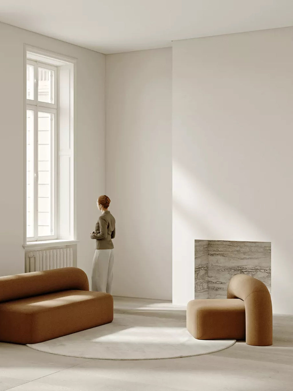 ARTU Moss Lounge Chair, a contemporary organic modern lounge chair featuring plush caramel brown textured fabric upholstery and a distinctive curved, sculptural armless design.