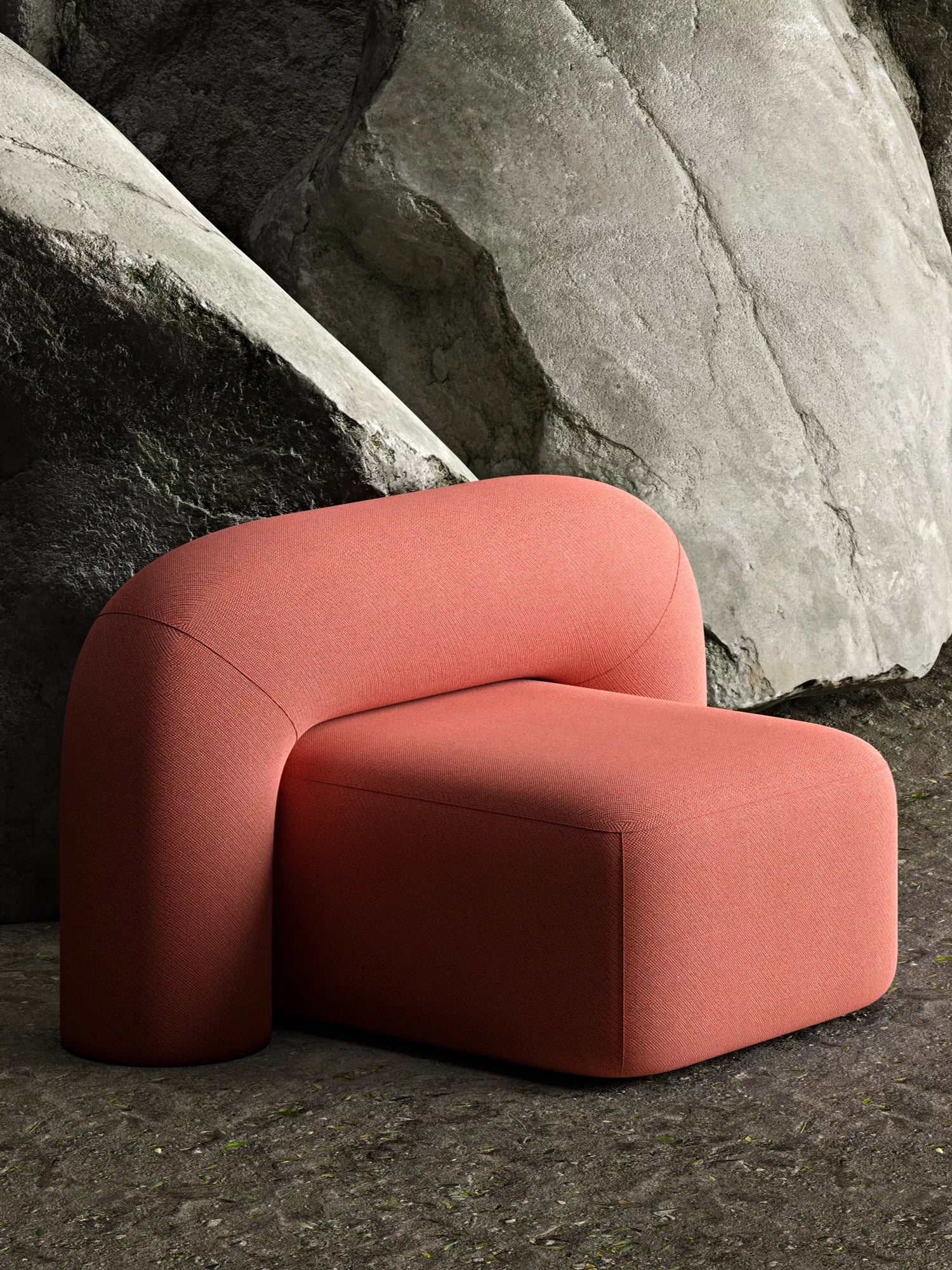 ARTU Moss Lounge Chair, a bold organic modern lounge chair featuring warm coral textured fabric upholstery with a distinctive sculptural U-shaped backrest and a plush, low-profile block seat. Its contemporary curved design makes it an ideal statement armchair for a living room, cozy reading nook, or brutalist-inspired interior.