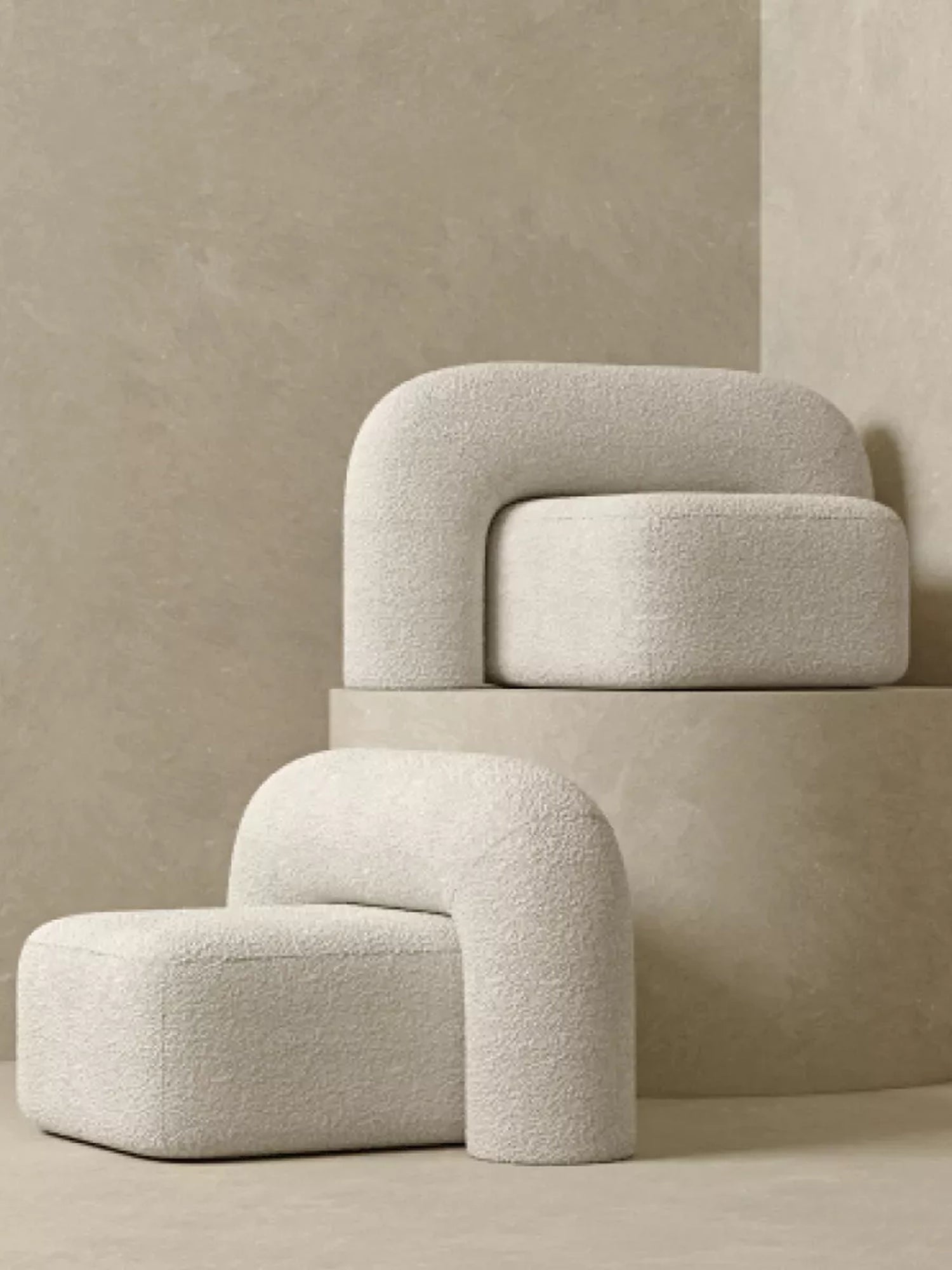 ARTU Moss Lounge Chair, an organic modern lounge chair upholstered in soft cream bouclé fabric, featuring a distinctive curved, sculptural silhouette and rounded edges. This minimalist accent chair is perfect for contemporary living rooms, cozy bedroom reading nooks, or sophisticated office lounge areas.