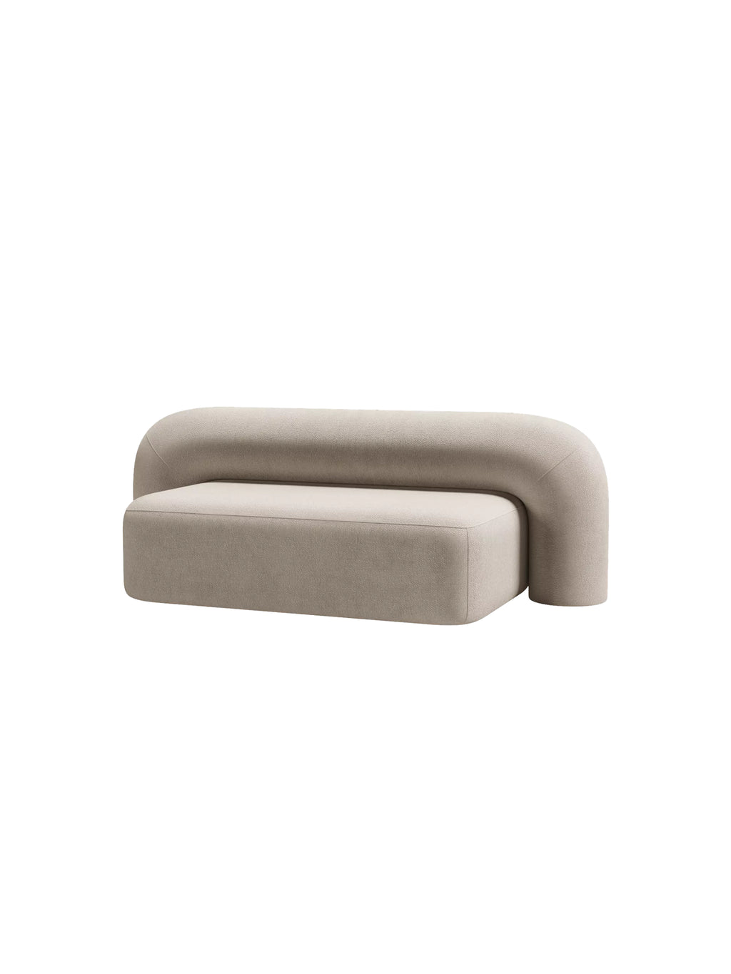 ARTU Moss 1800 Sofa, a contemporary organic modern sofa featuring a low-profile rectangular base and a distinctive curved tubular backrest, all upholstered in a warm beige textured fabric. This minimalist greige sofa is ideal for modern living rooms seeking a soft, sculptural focal point.