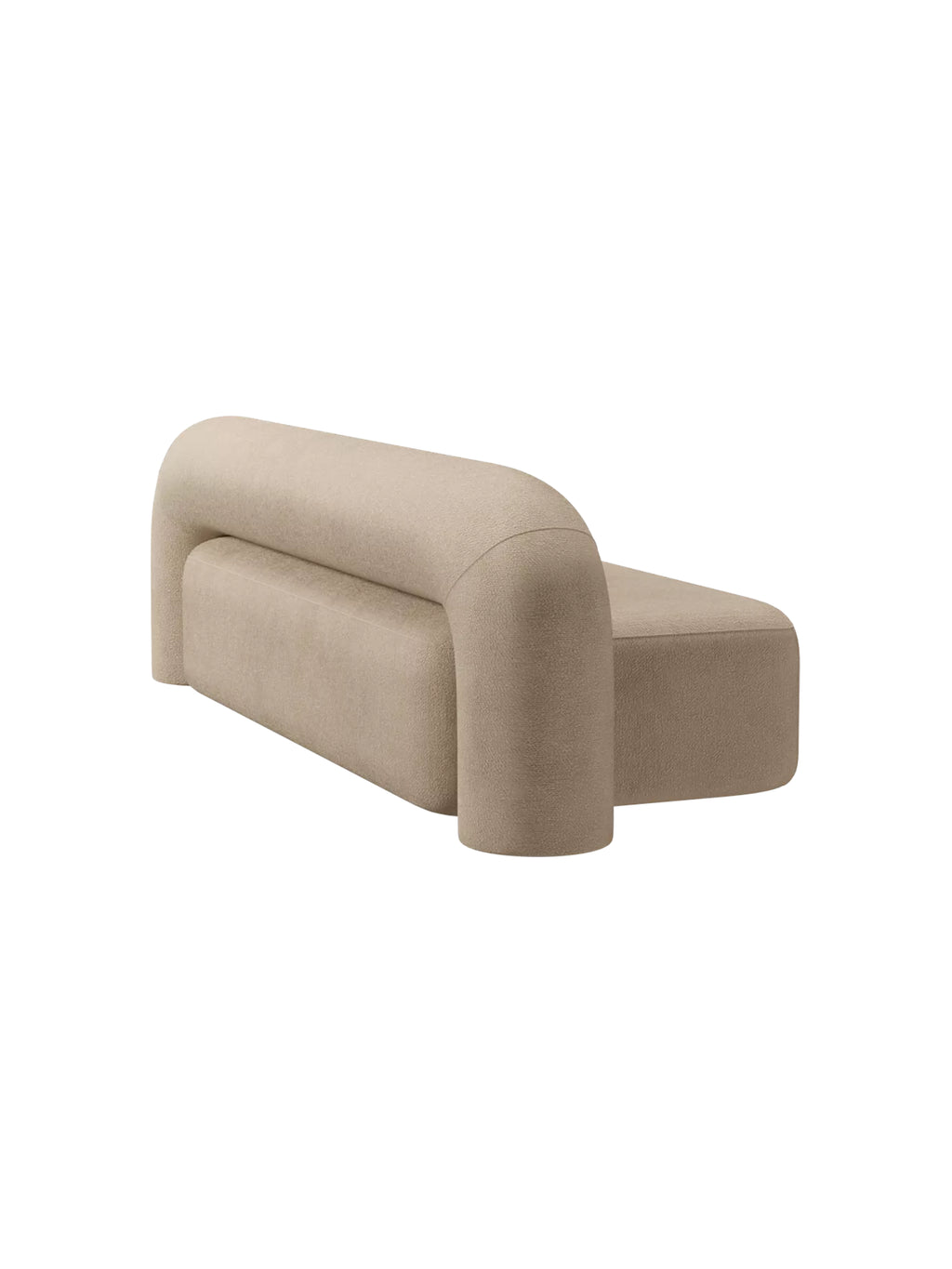 ARTU Moss 2400 Sofa, an organic modern sofa upholstered in soft beige bouclé fabric, featuring a unique sculptural design with a rounded backrest and armless, low-profile silhouette.