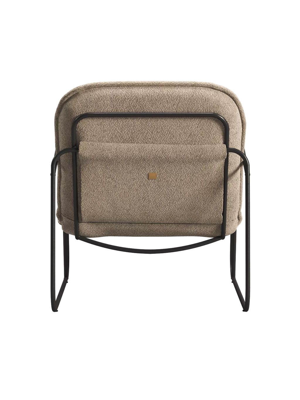 ARTU Tuttu Monteur Armchair, a modern minimalist lounge chair featuring plush, rounded cushions upholstered in a light brown textured fabric, cradled within a sleek matte black metal frame. This industrial chic design offers a comfortable and stylish accent for contemporary living rooms, cozy reading nooks, or sophisticated bedroom corners.