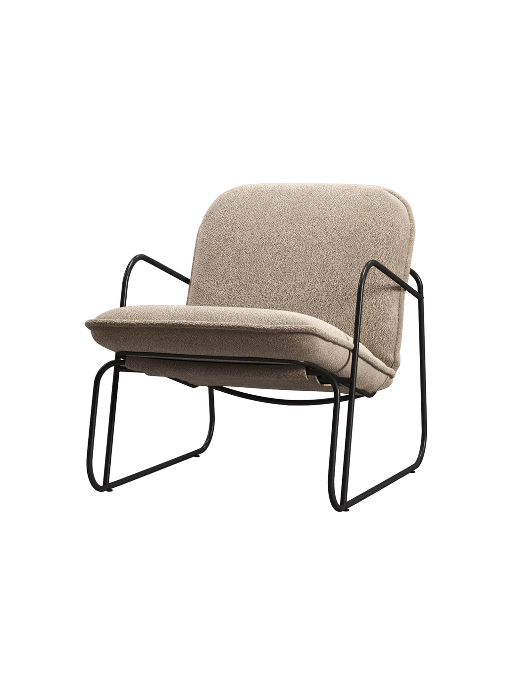 ARTU Tuttu Monteur Armchair, a modern minimalist lounge chair featuring plush, rounded cushions upholstered in a textured natural beige bouclé fabric. It boasts a sleek matte black tubular metal frame with open armrests and a contemporary industrial chic design. Perfect as a comfortable accent chair for living rooms, reading nooks, or bedrooms in contemporary and organic modern interiors.