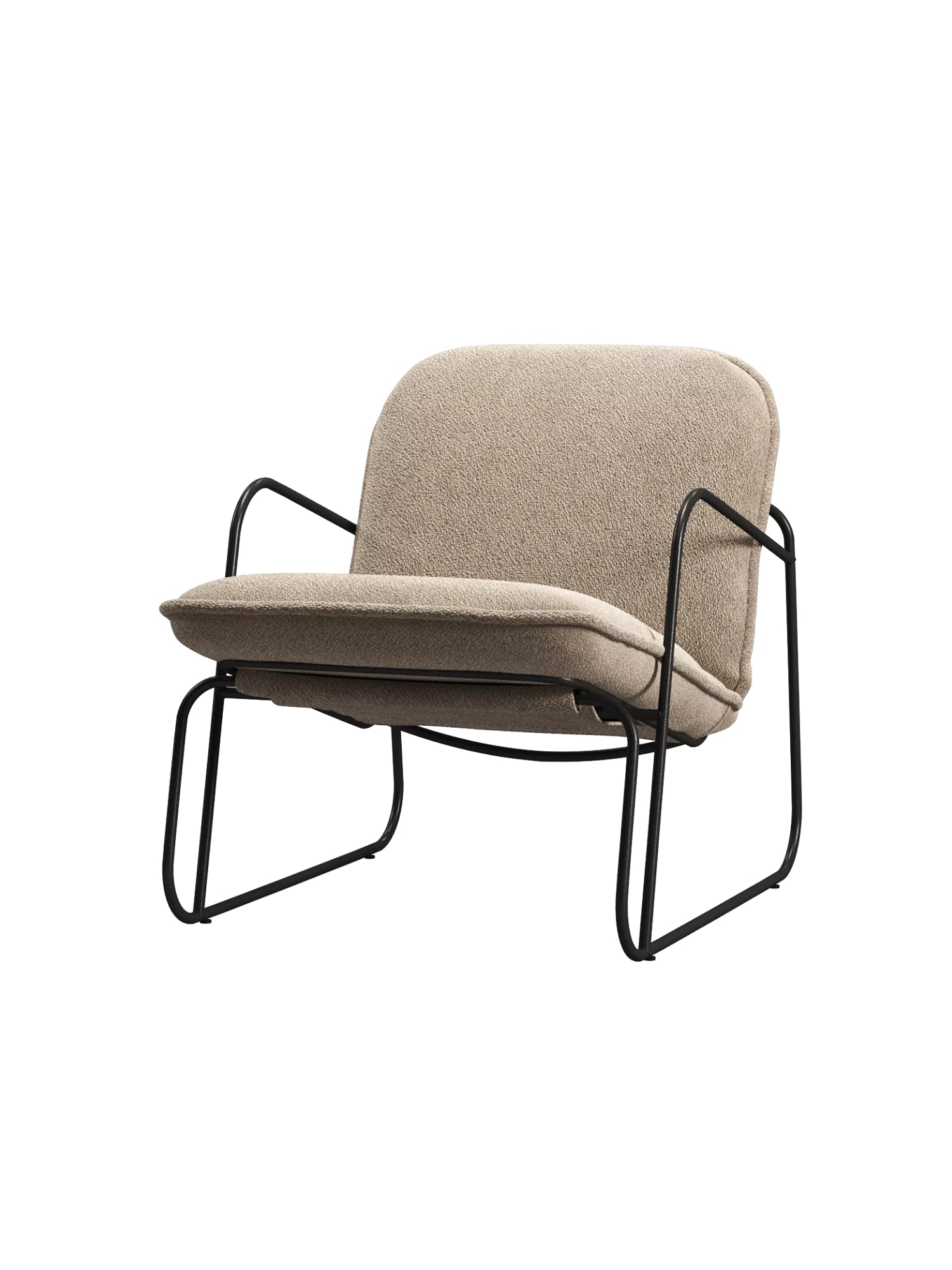 ARTU Tuttu Monteur Armchair, a modern minimalist lounge chair featuring plush, rounded cushions upholstered in a textured natural beige bouclé fabric. It boasts a sleek matte black tubular metal frame with open armrests and a contemporary industrial chic design. Perfect as a comfortable accent chair for living rooms, reading nooks, or bedrooms in contemporary and organic modern interiors.