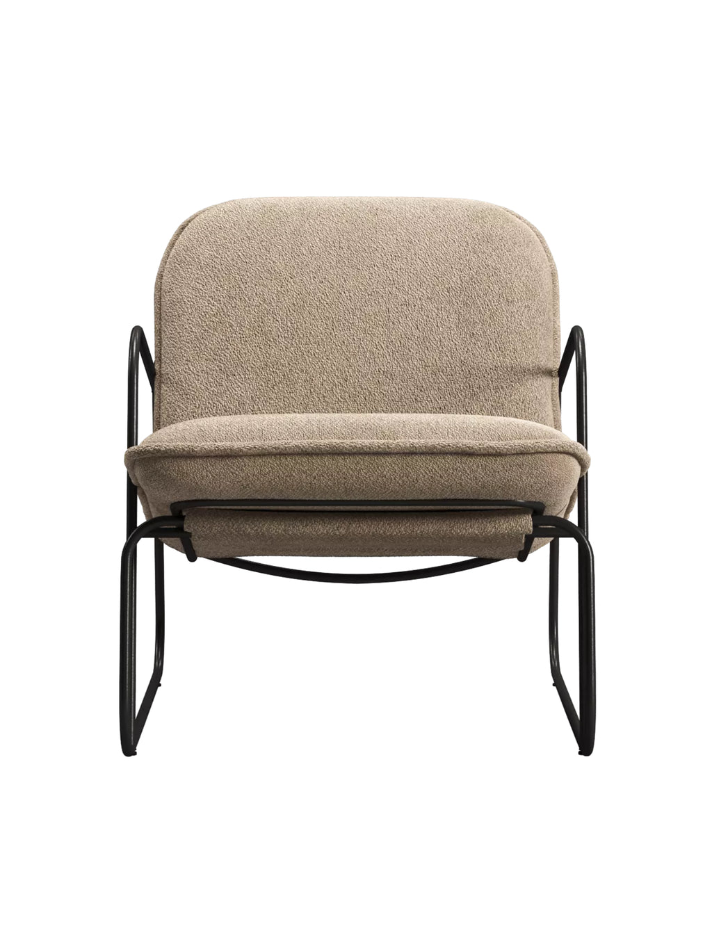 ARTU Tuttu Monteur Armchair, a modern minimalist lounge chair featuring plush, rounded cushions upholstered in a light beige textured boucle fabric, set on a sleek matte black tubular metal frame with a continuous sled base. This contemporary accent chair is perfect for a stylish living room or cozy reading nook in Scandinavian or industrial chic interiors.