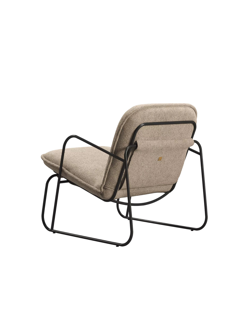 ARTU Tuttu Monteur Armchair, a contemporary low-slung lounge chair featuring plush, rounded cushions upholstered in a textured beige bouclé fabric. It rests on a sleek matte black tubular steel frame with clean, minimalist lines, offering an industrial chic aesthetic. This modern minimalist armchair is ideal for a stylish living room, cozy reading nook, or bedroom accent in contemporary interiors.