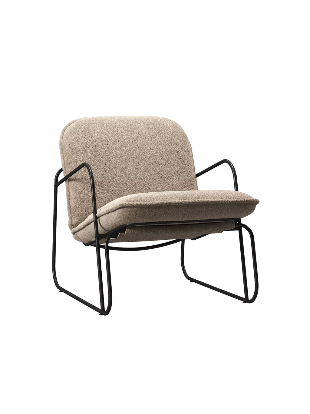 ARTU Tuttu Monteur Armchair, a contemporary lounge chair featuring plush, rounded cushions upholstered in a warm beige textured bouclé fabric. It sits on a sleek matte black tubular metal frame with integrated armrests, embodying a modern minimalist design. Perfect as an inviting accent chair for a Scandinavian living room, organic modern bedroom, or cozy reading nook.