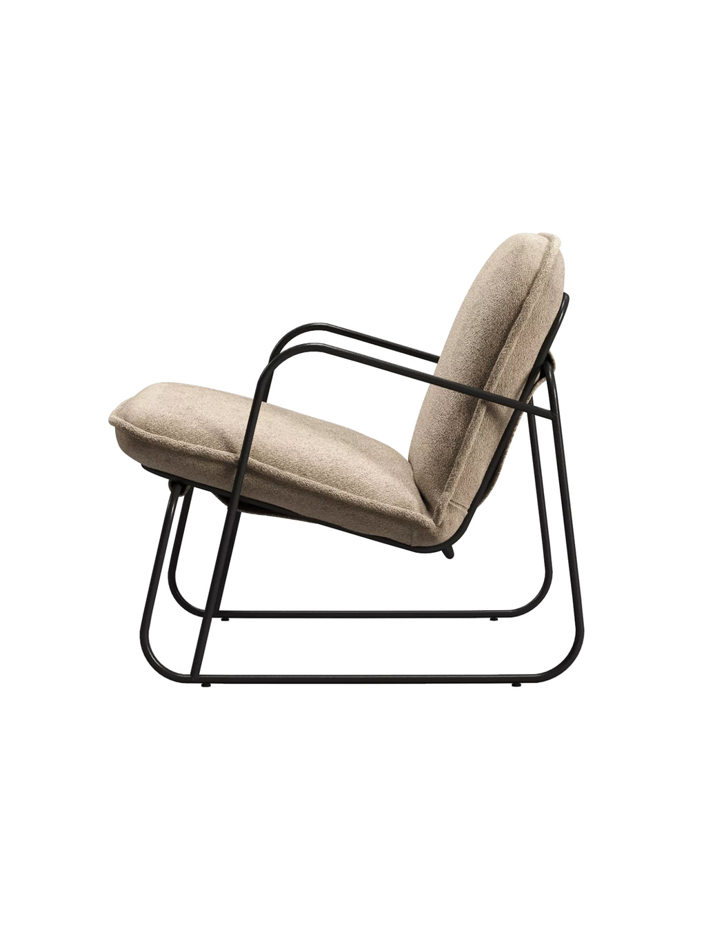 ARTU Tuttu Monteur Armchair, a contemporary lounge chair featuring a sleek matte black metal frame with a low-profile design and gently reclined silhouette. It boasts plush, textured oatmeal bouclé fabric cushions, offering a soft contrast to the industrial chic frame.