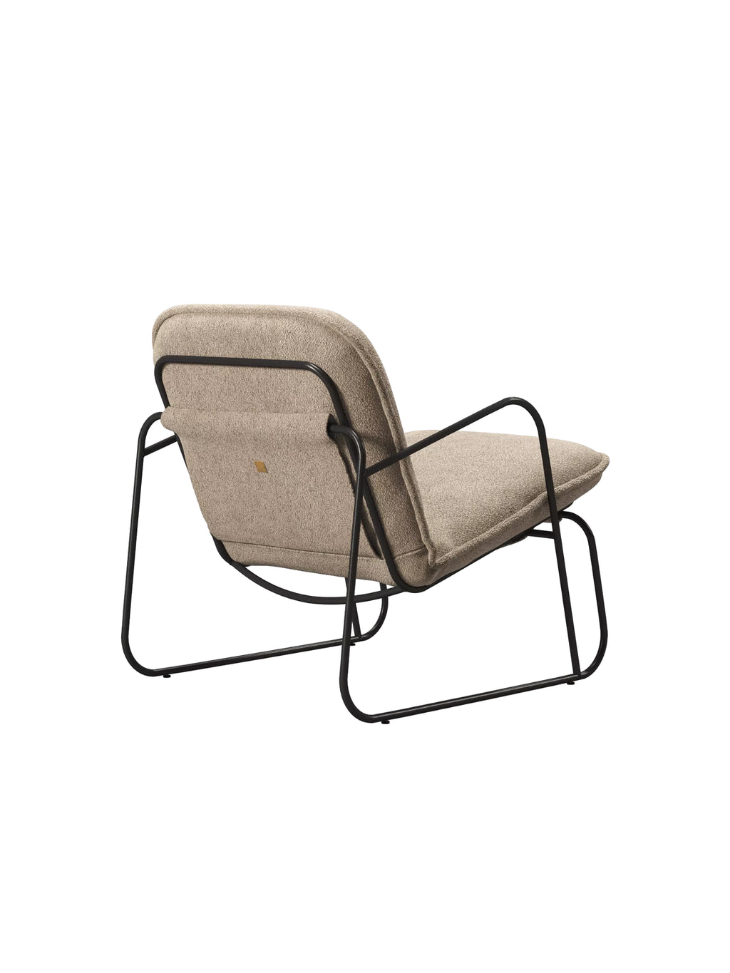 ARTU Tuttu Monteur Armchair, a modern minimalist lounge chair featuring a sleek matte black metal sled base frame and plush, textured beige fabric upholstery. Its clean lines and comfortable curved cushions create a contemporary aesthetic. Perfect as a stylish accent chair for living rooms, bedrooms, or reading nooks in industrial chic or Scandinavian-inspired homes.