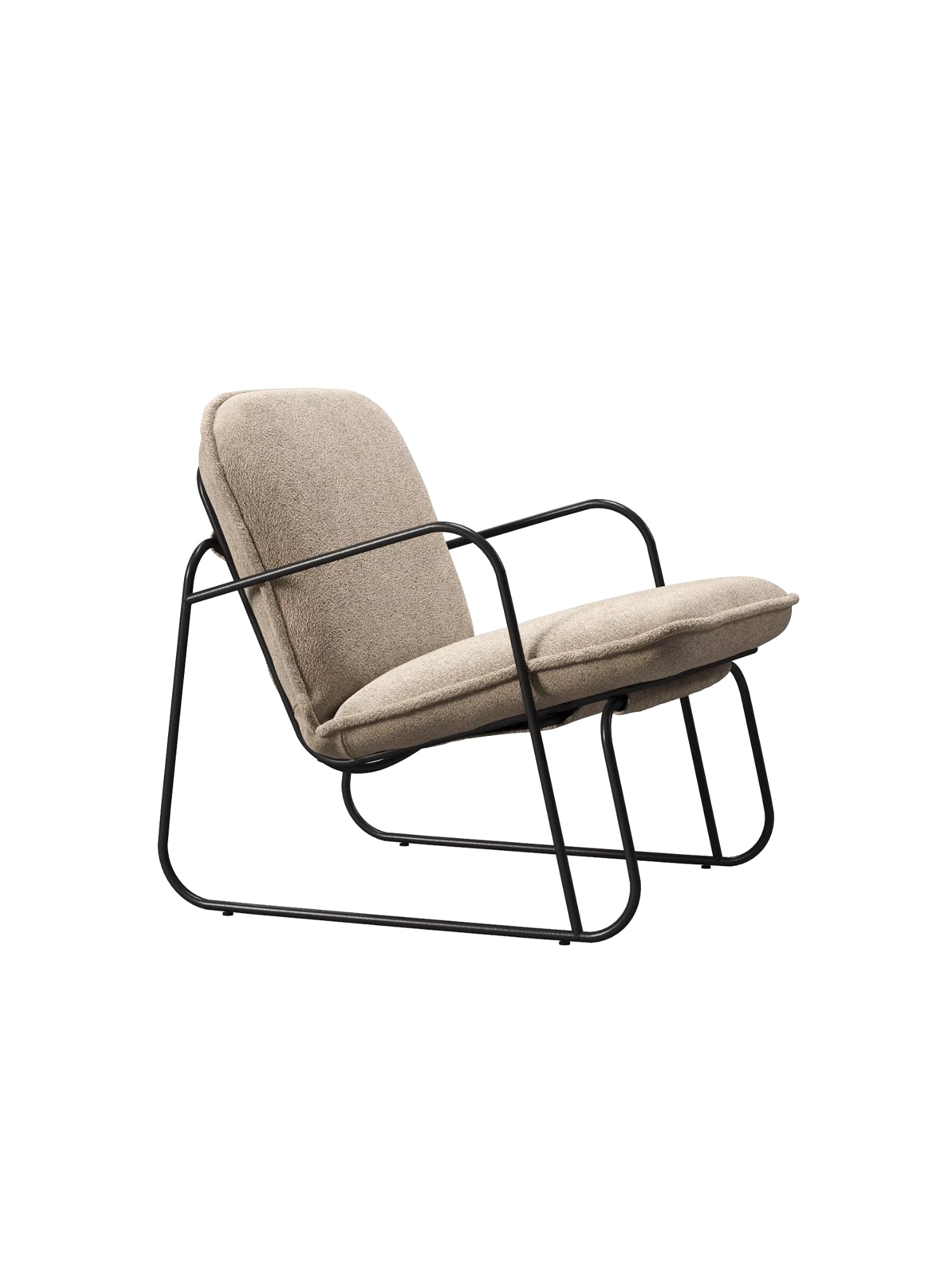 ARTU Tuttu Monteur Armchair, a contemporary lounge chair featuring a sleek bent matte black metal frame with an open silhouette and plush beige bouclé fabric upholstery. It offers a soft, generously cushioned backrest and seat, embodying a modern minimalist design. Perfect as a stylish accent chair for a living room, bedroom, or cozy reading nook.