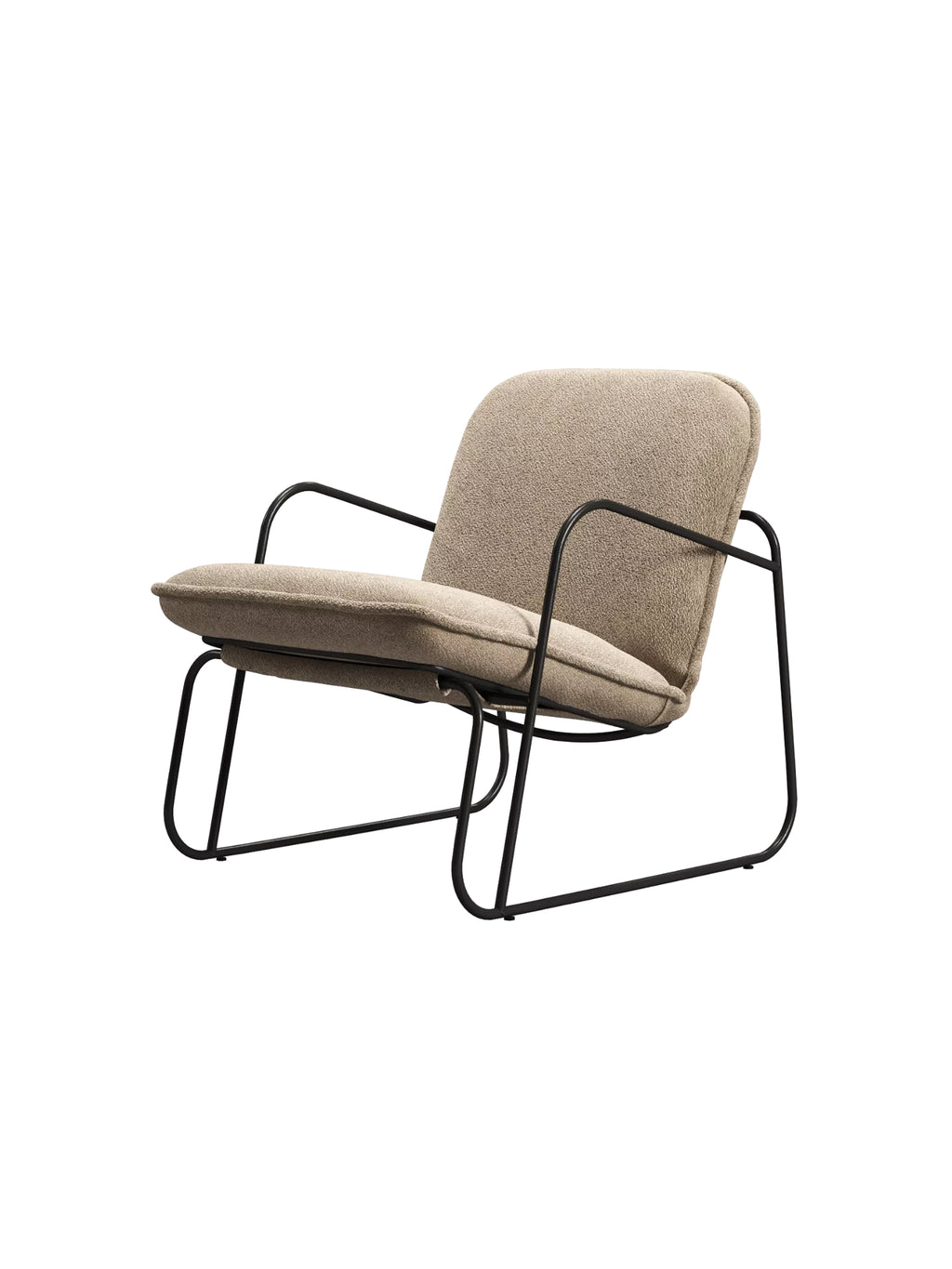 ARTU Tuttu Monteur Armchair, a contemporary lounge chair featuring a sleek matte black tubular metal frame with a minimalist industrial chic design. It offers plush, inviting seating with thick, soft cushions upholstered in a textured natural beige bouclé fabric, creating a cozy yet modern aesthetic. Perfect as an accent chair for a living room, reading nook, or bedroom in Scandinavian or contemporary interiors.