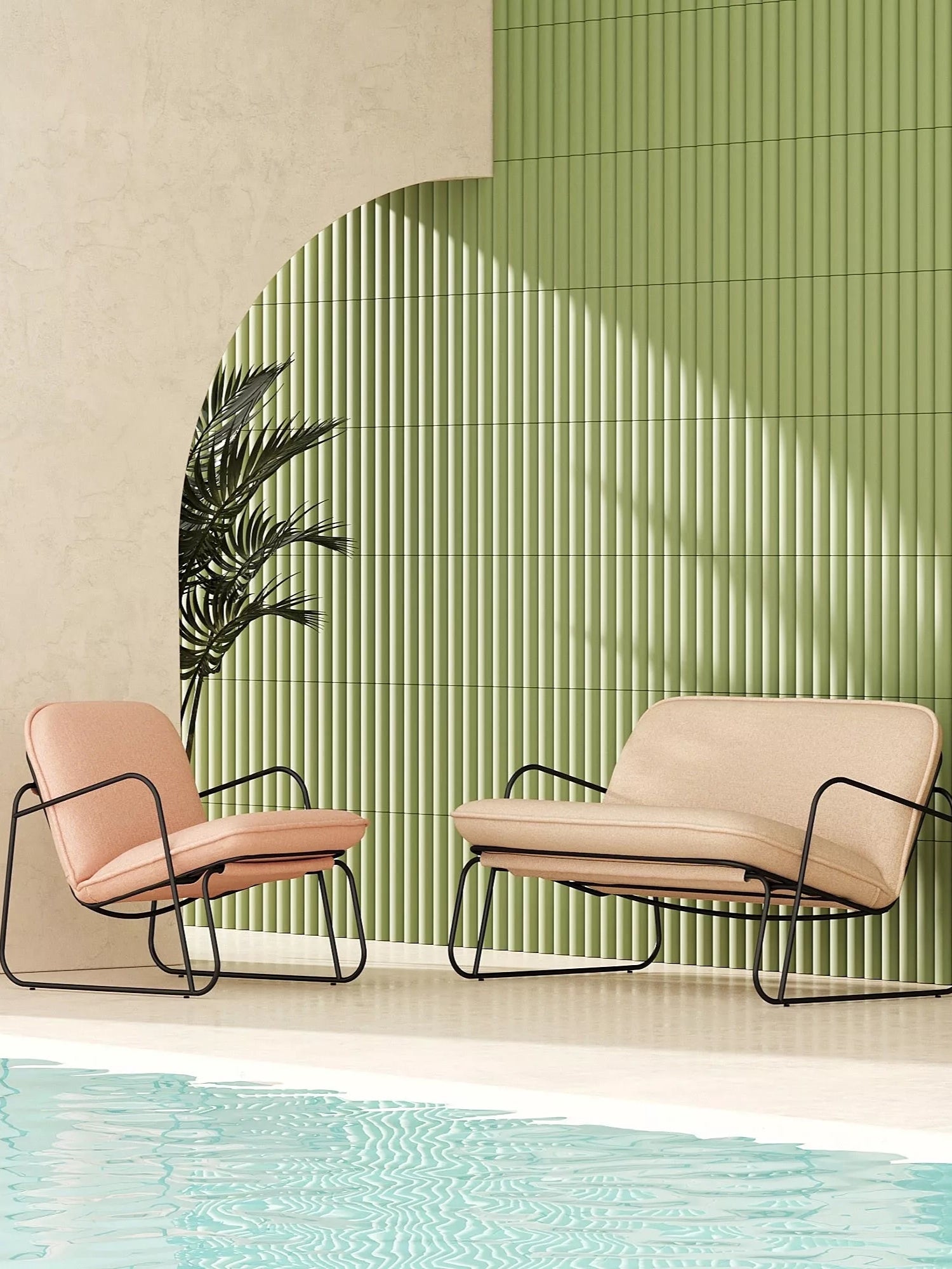 ARTU Tuttu Monteur Armchair, a contemporary lounge chair with a blush pink upholstered fabric seat and back cushions, featuring a gently curved organic profile and supported by a minimalist matte black metal wireframe base. Alongside a coordinating beige upholstered 2-seater, this modern minimalist seating is ideal for stylish living rooms, sunrooms, or covered outdoor settings.