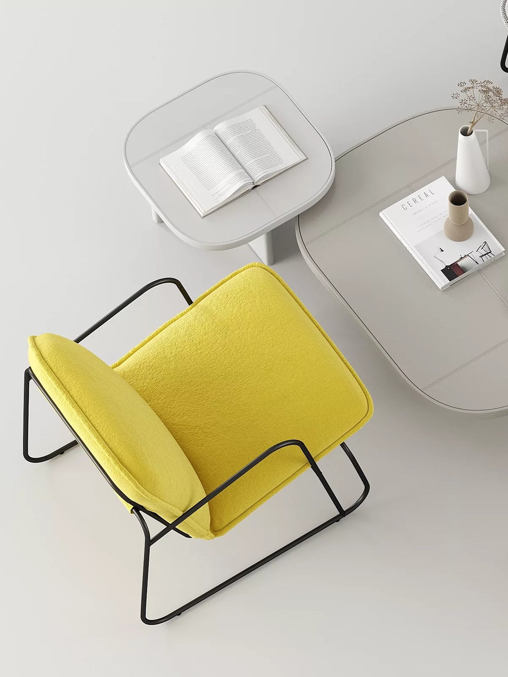 ARTU Tuttu Monteur Armchair, a vibrant modern lounge chair featuring plush bright yellow textured fabric upholstery and a sleek matte black metal frame with an angular, minimalist design. This contemporary industrial chic armchair offers comfortable seating with its deep cushions and works perfectly as a striking accent chair for a modern living room, reading nook, or bedroom.