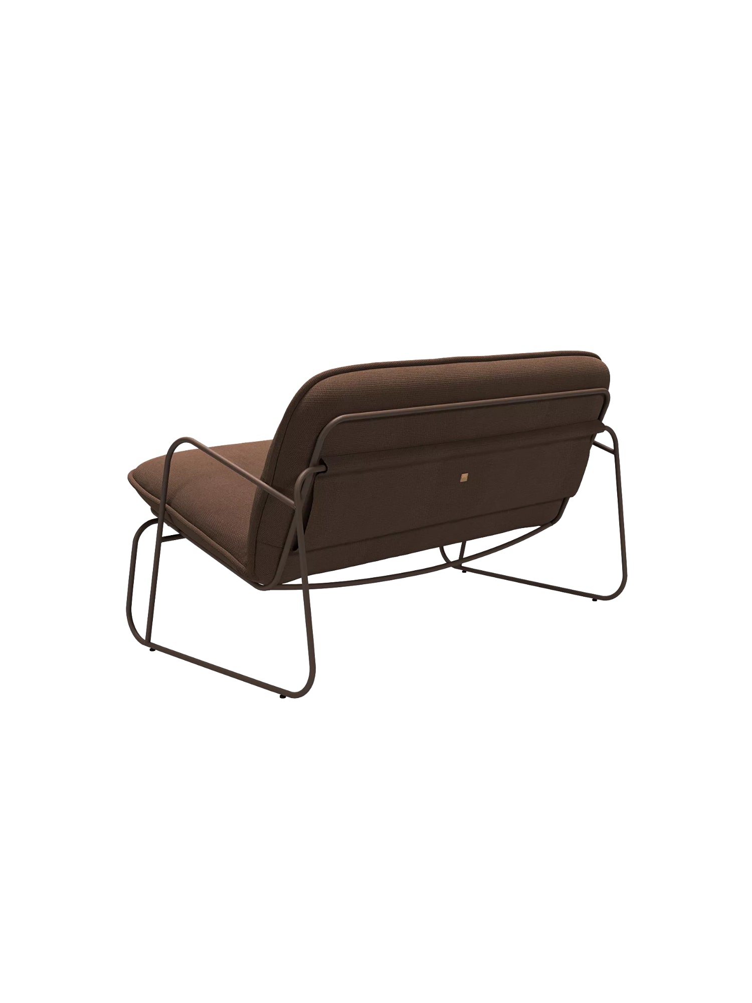 ARTU Tuttu Monteur Sofa, a modern minimalist 2-seater sofa featuring deep chocolate brown woven fabric upholstery and a sleek, low-profile dark bronze matte metal frame. Its contemporary design includes a plush, generously cushioned seat and a gently curved backrest, offering comfortable lounge seating. Ideal as a stylish brown fabric sofa for modern living rooms, industrial chic apartments, or contemporary lounge areas.
