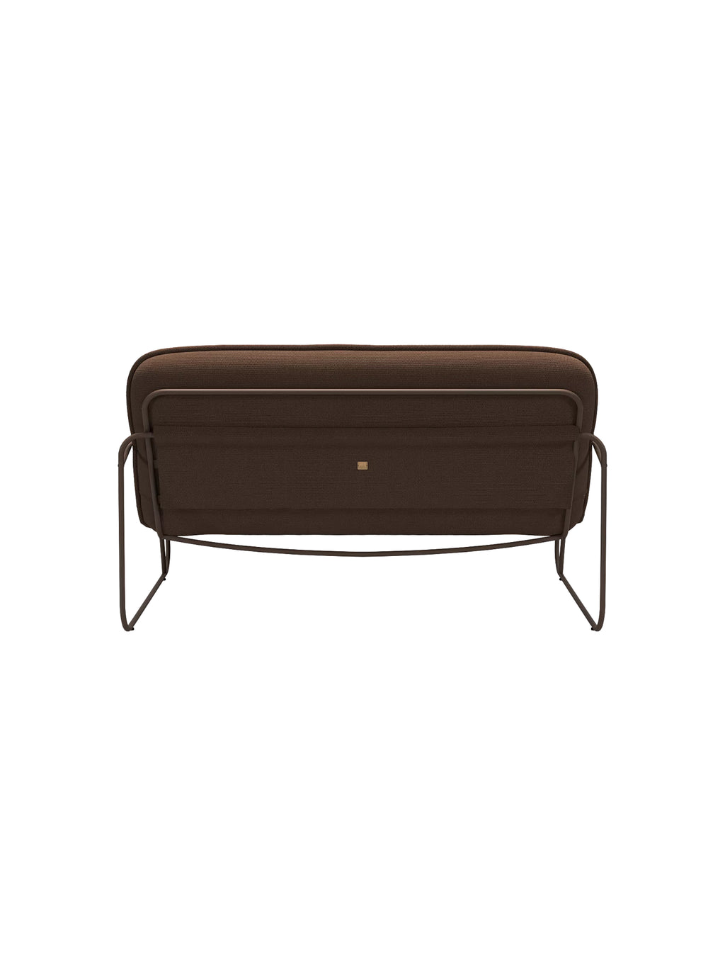 ARTU Tuttu Monteur Sofa, a modern minimalist 2-seater sofa featuring rich dark brown woven fabric upholstery with a sleek, rounded rectangular form. It rests on a distinctive dark bronze bent metal frame that wraps around the back, providing an industrial chic aesthetic. Perfect as a contemporary living room sofa or compact apartment furniture.