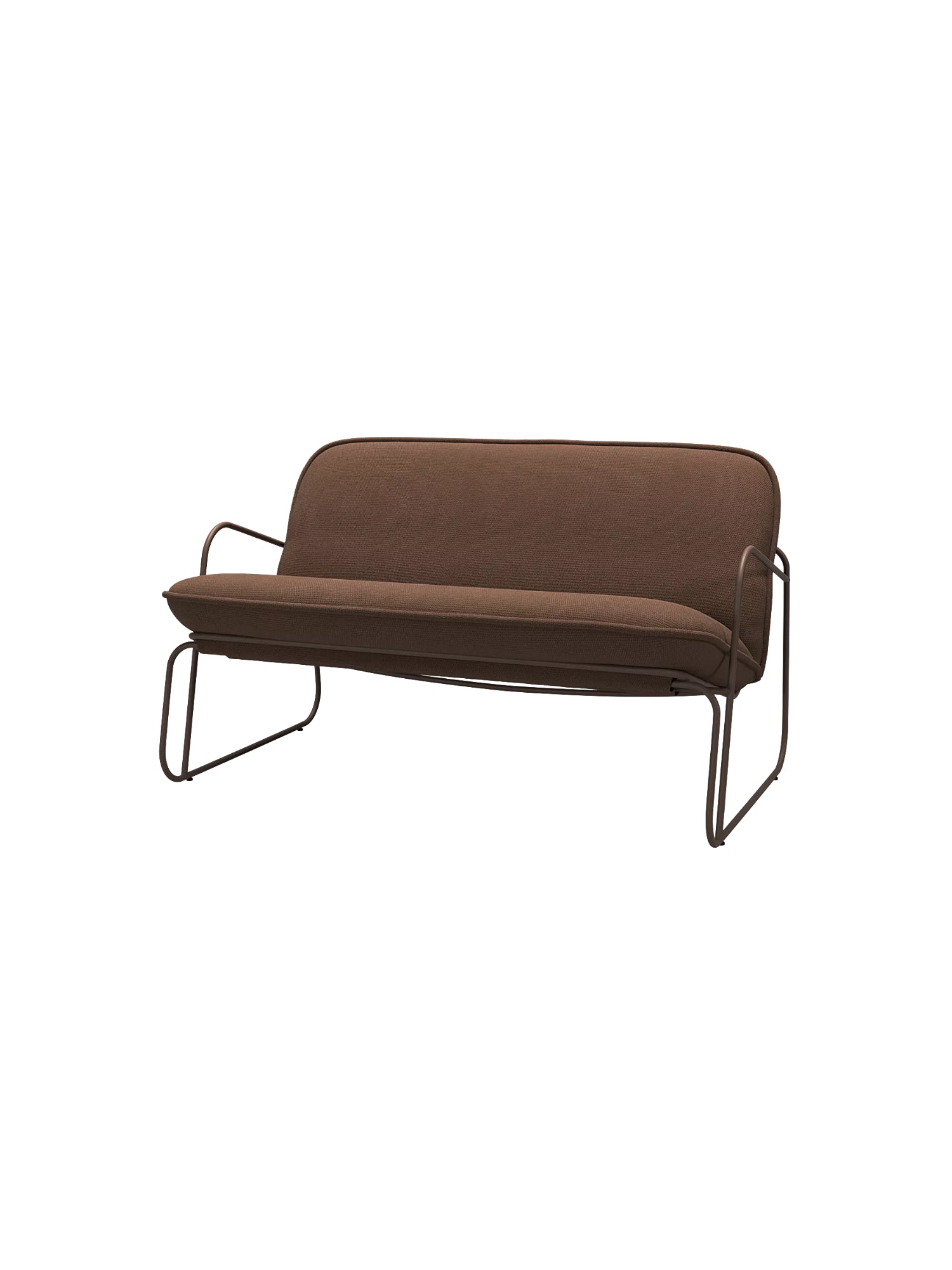 ARTU Tuttu Monteur Sofa, a modern minimalist 2-seater sofa featuring rich brown textured fabric upholstery with plush cushions and a distinctive matte dark metal tubular frame that forms the legs and integrated armrests. This contemporary loveseat is perfect for small living rooms, apartment spaces, or as an elegant accent in a home office.