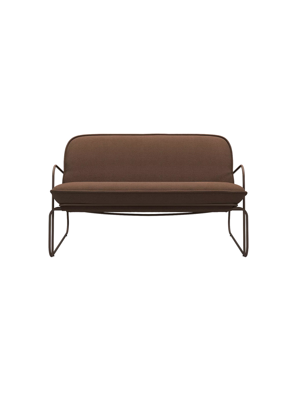 ARTU Tuttu Monteur Sofa, a modern 2-seater sofa featuring rich brown fabric upholstery with subtly textured cushions and a gently curved backrest that flows into integrated armrests. Its minimalist design is supported by a sleek, dark brown metal frame that forms continuous loop legs, providing an industrial chic aesthetic for contemporary interiors.