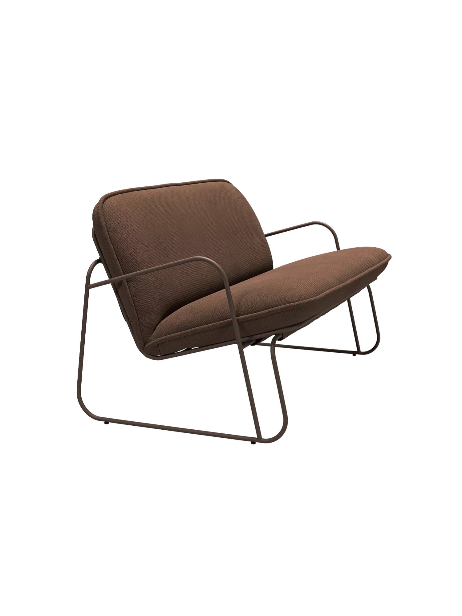 ARTU Tuttu Monteur Sofa, a modern minimalist lounge chair featuring rich dark brown woven fabric upholstery on plush, rounded cushions, set within a sleek matte brown powder-coated metal frame.