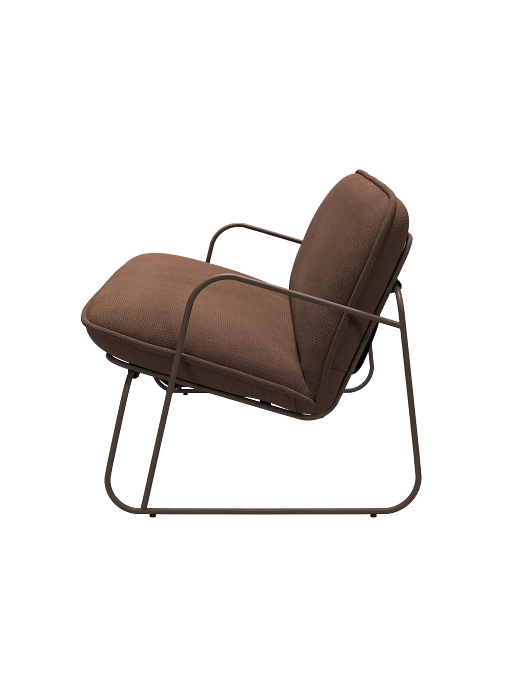 ARTU Tuttu Monteur Sofa, a modern minimalist lounge chair featuring a sleek, dark bronze matte tubular metal frame and plush, textured brown fabric cushions with a subtle ribbed pattern.