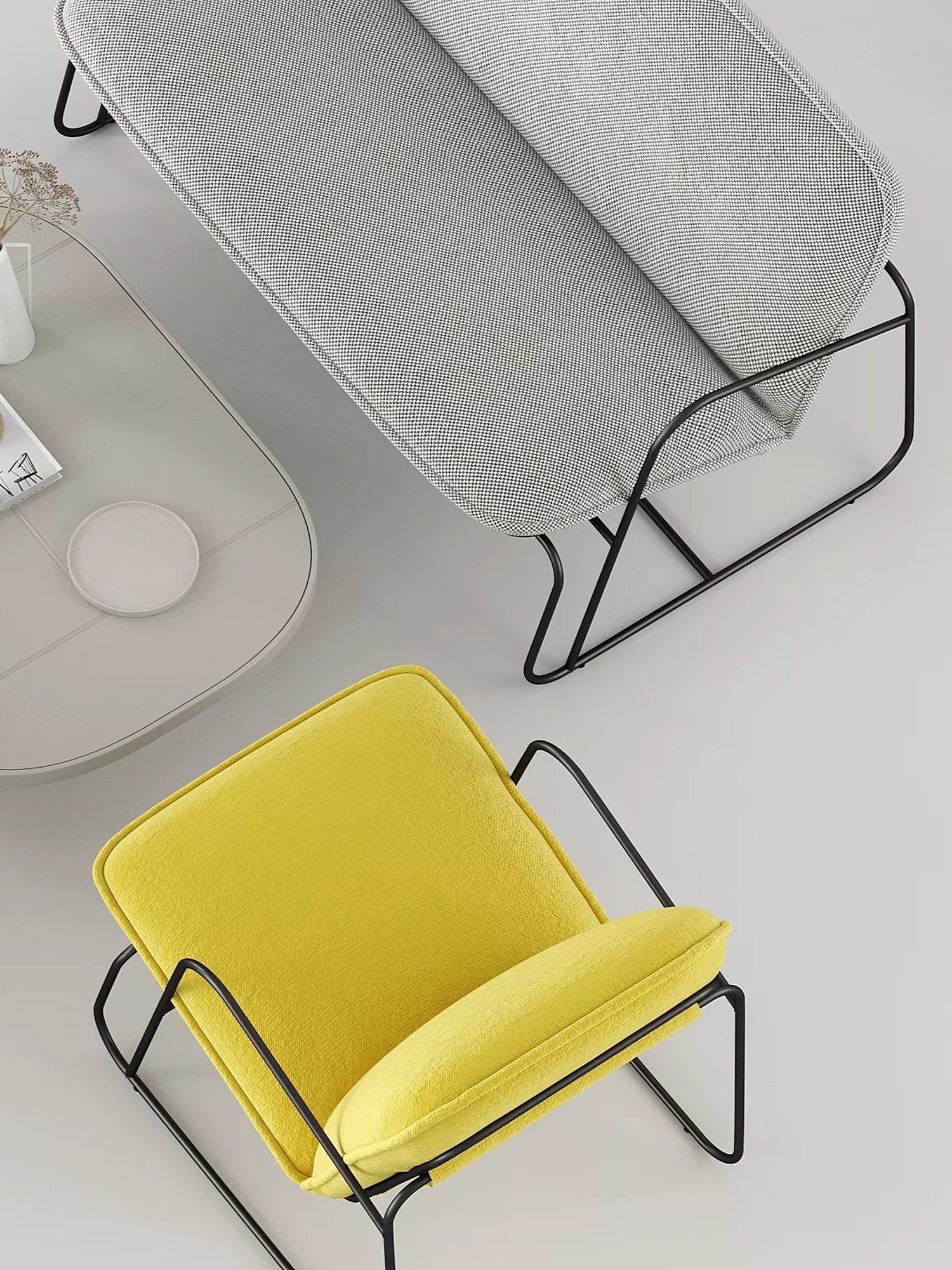 ARTU Tuttu Monteur Sofa, a modern minimalist sofa featuring a low-profile design with a sleek matte black bent metal frame and plush grey houndstooth woven fabric upholstery.