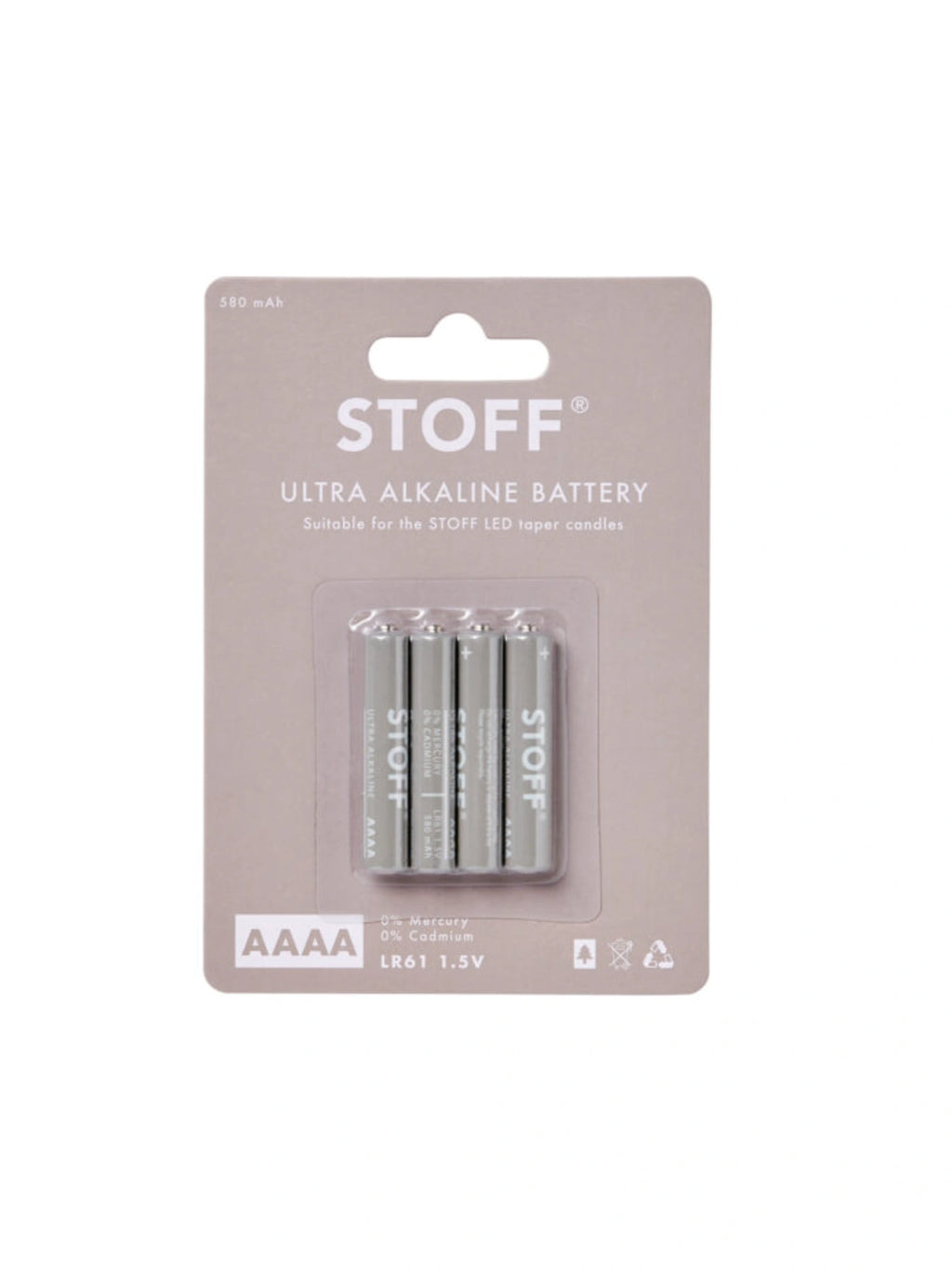 STOFF Ultra Alkaline AAAA Batteries, a pack of four 580 mAh, 1.5V LR61 AAAA batteries in a sleek grey and white blister pack. These mercury-free and cadmium-free cylindrical alkaline batteries are designed for long-lasting power. Ideal as replacement batteries for STOFF LED taper candles and other small electronic devices.