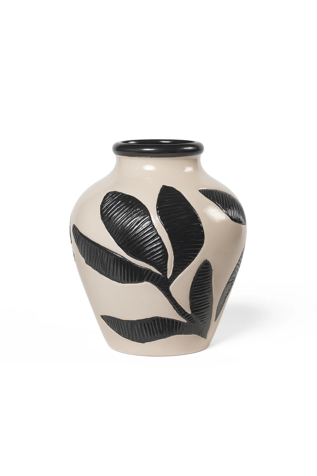 Broste Copenhagen Herbert Vase, a stylish, contemporary vase with a cream-colored base and bold, textured black leaf patterns, displayed on a clean white background.