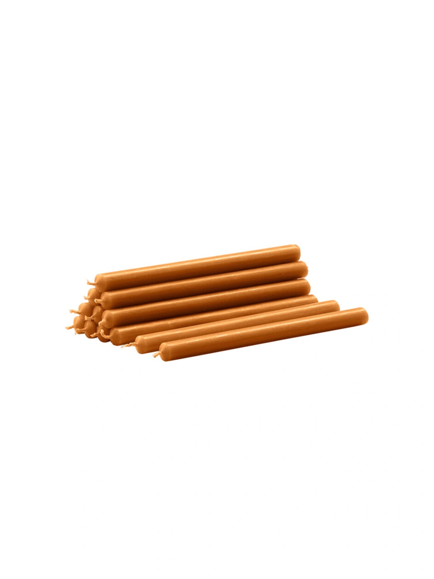 Camel color Stoff Nagel Candle set of 8 on a white background.