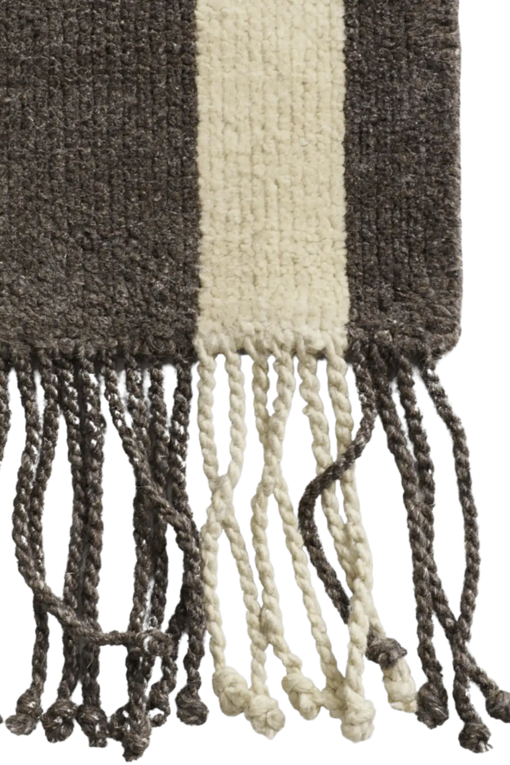 Cappelen Dimyr Colonnade No.05 Rug, a luxurious hand-knotted wool rug featuring bold stripes in a deep charcoal grey and soft cream, with a plush shaggy texture and braided fringe detailing. This natural wool area rug brings organic modern style and warmth to Scandinavian living rooms, minimalist bedrooms, or cozy contemporary spaces.