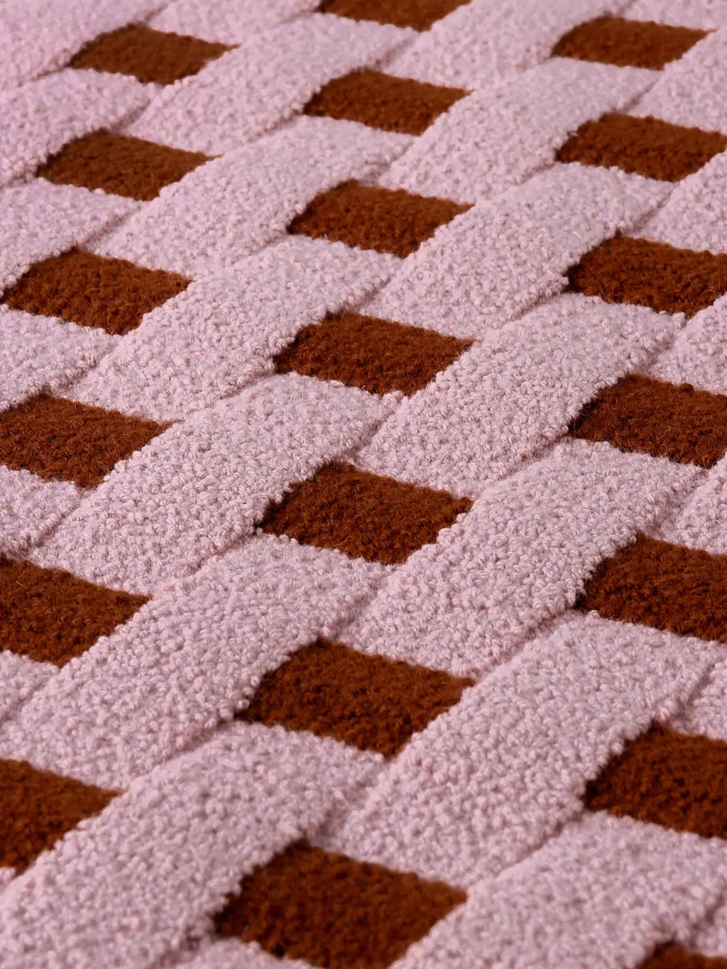 alp_ Cesta Rug, a luxurious cream and rich brown textured area rug showcasing a distinctive diagonal basketweave pattern with a plush, chunky bouclé pile.