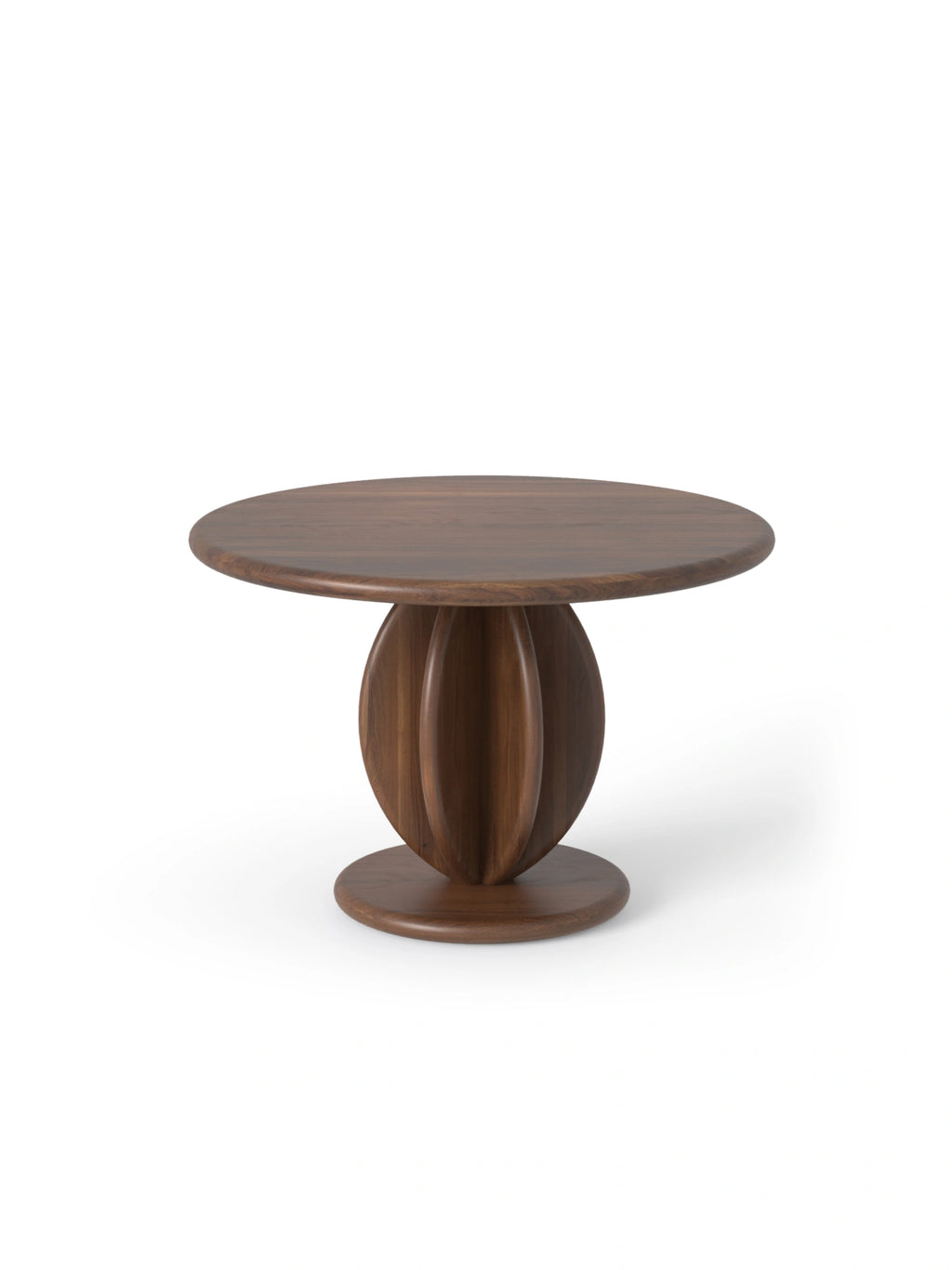 TAMO Citrus Coffee Table, a luxury handcrafted dark walnut wood table with a round top and a unique fluted, spherical pedestal base, shown on a white background. Perfect for modern living spaces.