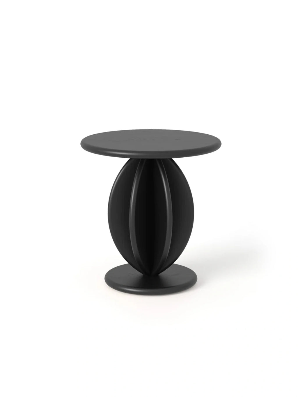 TAMO Citrus Side Table, featuring a sleek dark gray smooth matte finish, a distinct ribbed spherical body, and a round base/top, displayed on white. Perfect for modern living spaces.
