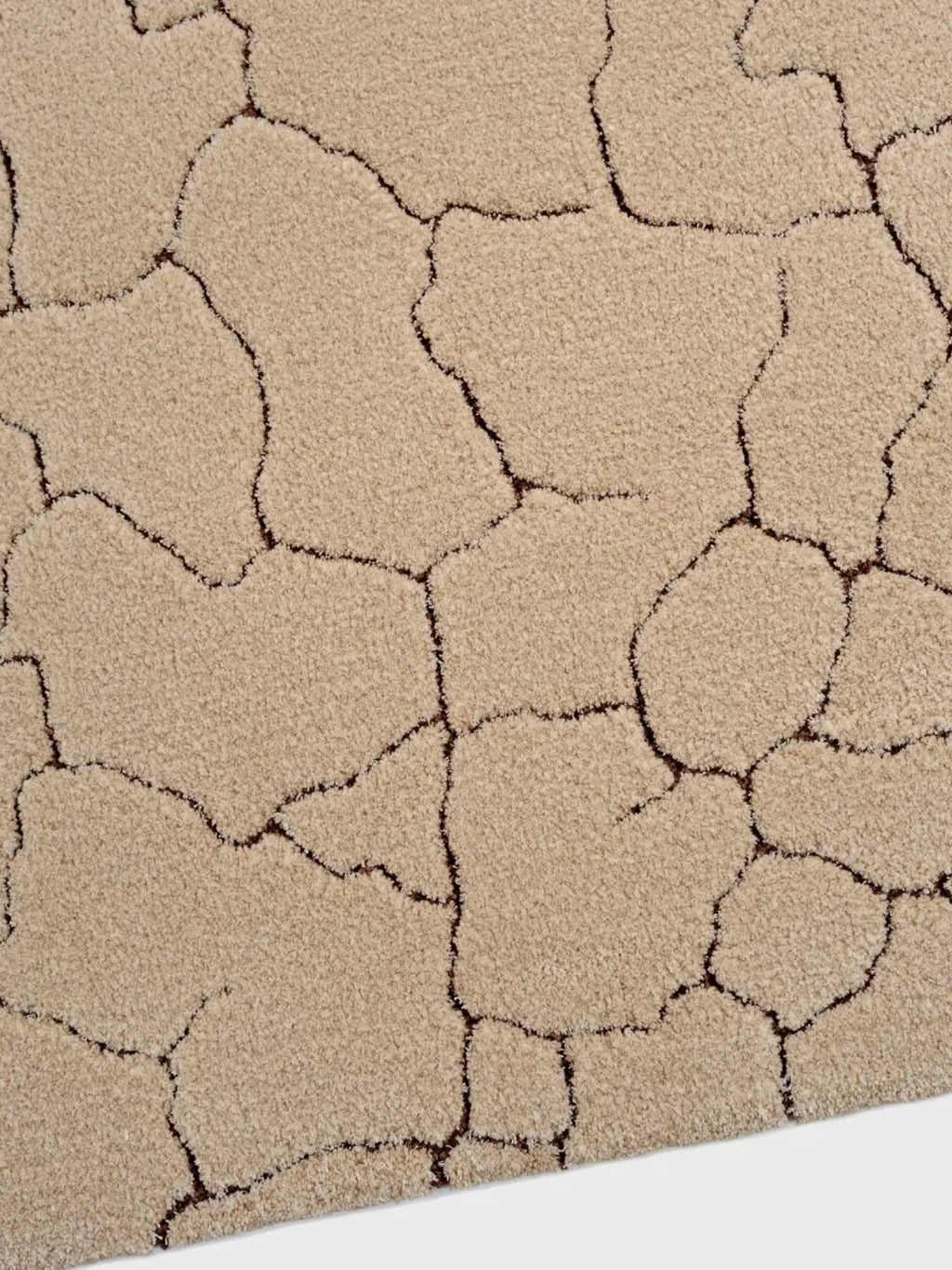 alp_ Clay Rug, a plush textured area rug featuring an organic cracked earth pattern in warm beige and dark brown tones. This soft pile rug offers a natural, rustic yet contemporary aesthetic with its distinct design. Ideal for cozy living room spaces or serene bedroom interiors seeking an organic modern touch.