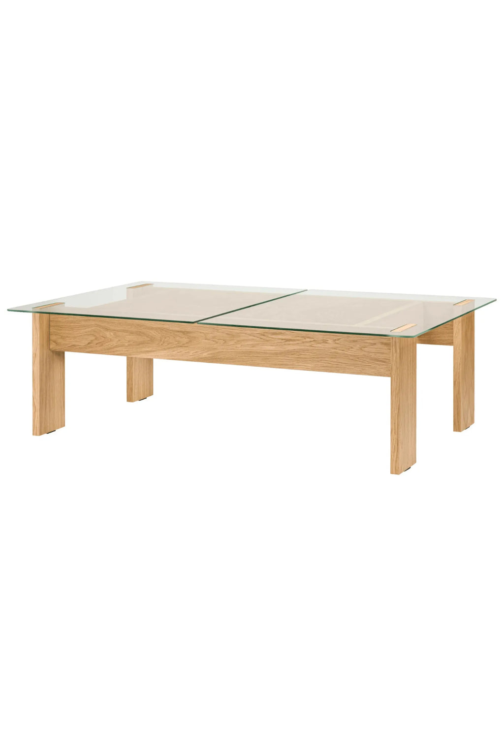 noo.ma Naiko Coffee Table, a modern minimalist rectangular coffee table crafted from solid oak with a natural light wood finish and a clear glass top composed of two separate panels. This contemporary wood and glass coffee table features clean lines and a simple, elegant silhouette. Ideal for Scandinavian living rooms or modern apartments seeking functional yet stylish furniture.