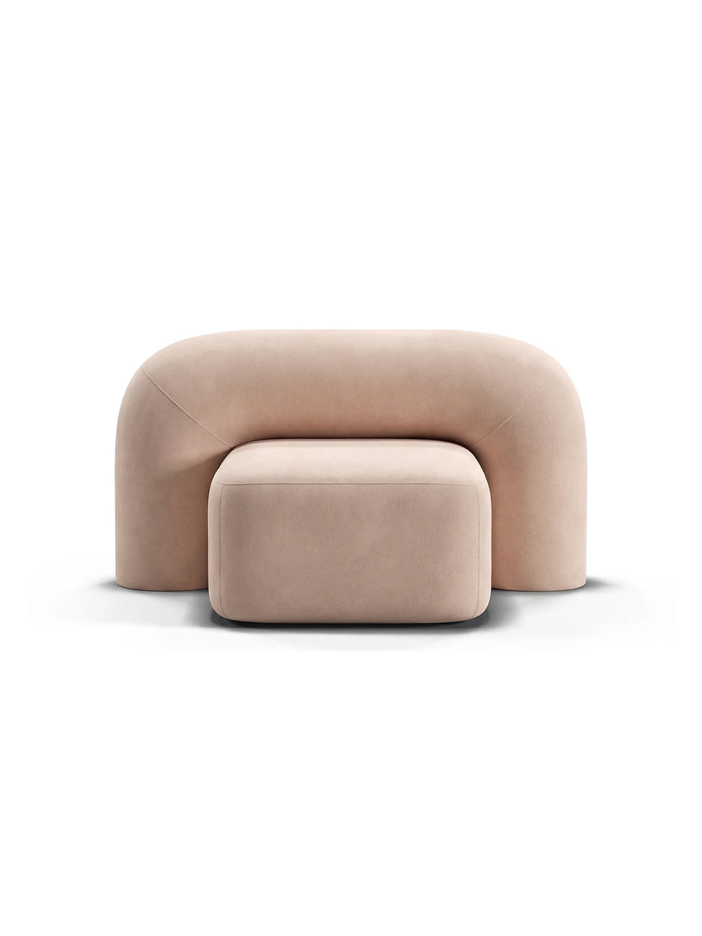 ARTU Moss Lounge Chair, an organic modern lounge chair upholstered in plush blush pink bouclé fabric, featuring a distinctive rounded U-shaped back and a separate rectangular ottoman. This sculptural two-piece seating offers soft, inviting contours for ultimate comfort. Ideal for contemporary living rooms, cozy reading nooks, or as a chic minimalist bedroom accent.