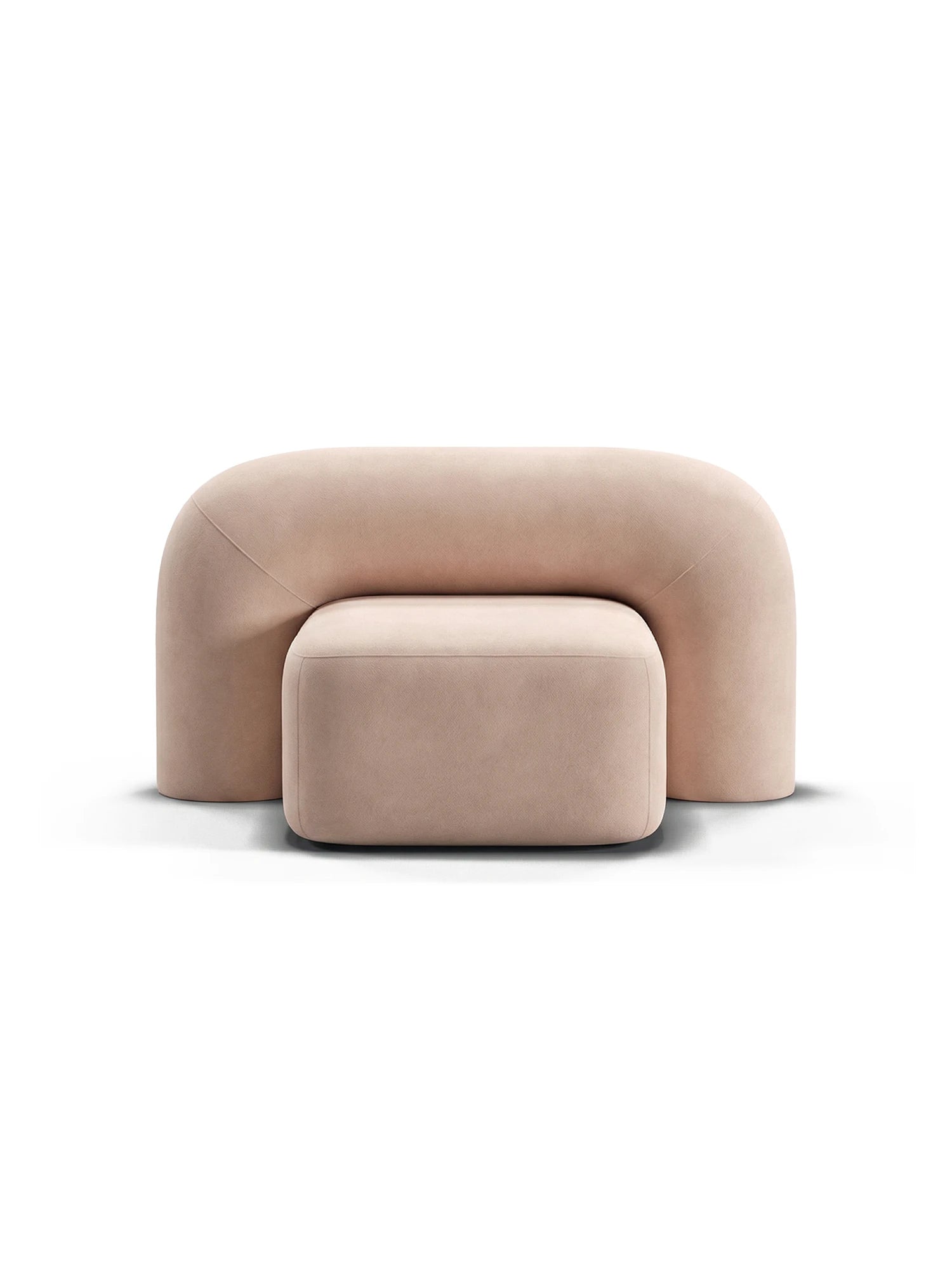 ARTU Moss Lounge Chair, an organic modern lounge chair upholstered in plush blush pink bouclé fabric, featuring a distinctive rounded U-shaped back and a separate rectangular ottoman. This sculptural two-piece seating offers soft, inviting contours for ultimate comfort. Ideal for contemporary living rooms, cozy reading nooks, or as a chic minimalist bedroom accent.