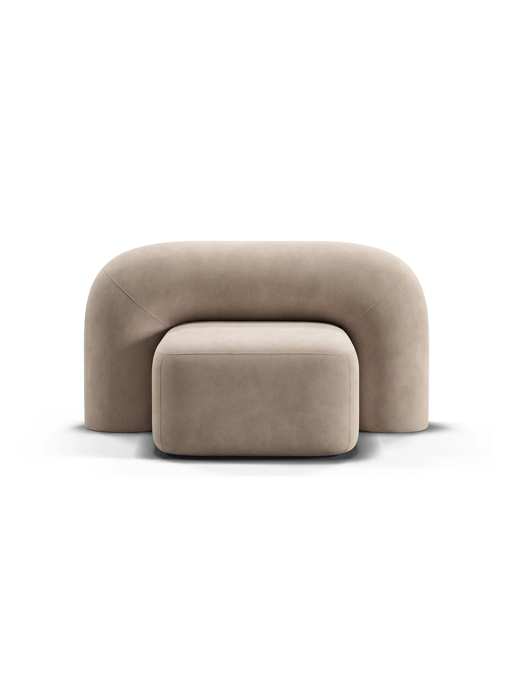 ARTU Moss Lounge Chair, an organic modern lounge chair featuring a sculptural two-piece design with a U-shaped back and a separate rectangular seat, all upholstered in a soft, warm beige fabric with smooth, rounded contours. This contemporary accent chair is perfect for minimalist living rooms, cozy reading nooks, or serene bedroom corners.