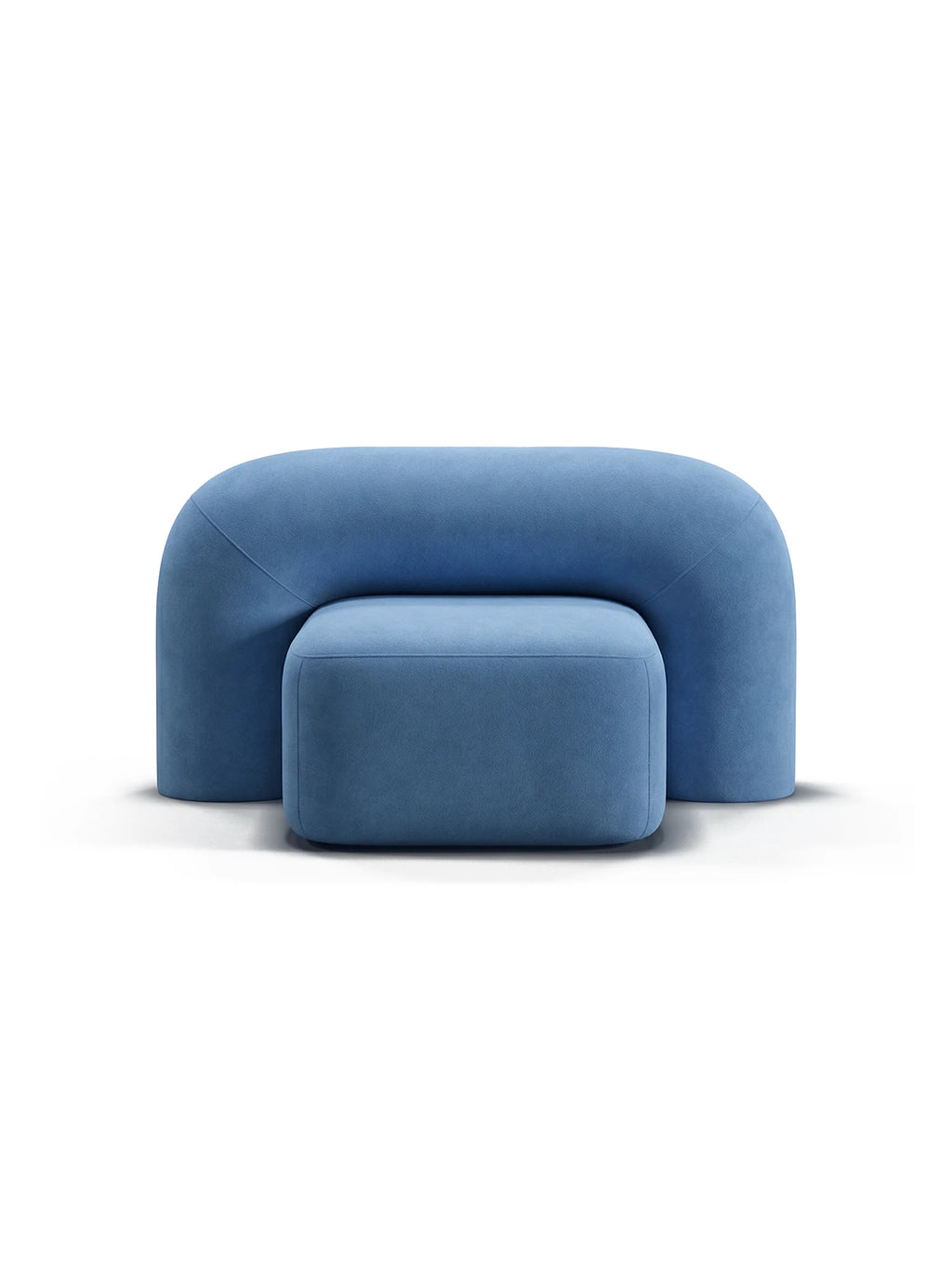 ARTU Moss Lounge Chair, a sculptural organic modern lounge chair upholstered in a soft, dusty blue fabric with a plush texture and distinctive rounded, U-shaped silhouette, featuring a deep rectangular seat.