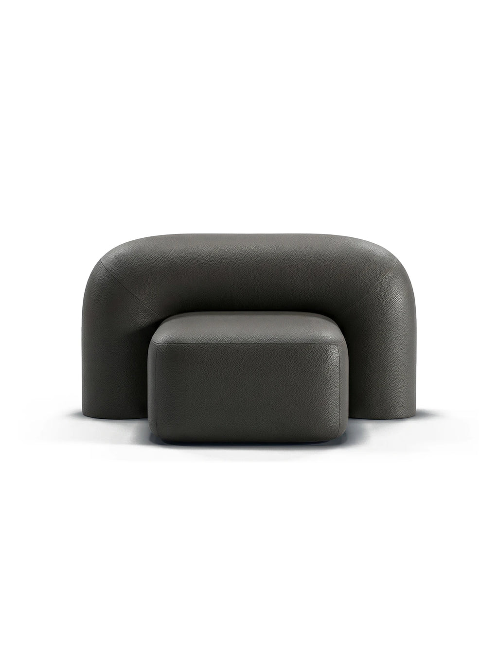 ARTU Moss Lounge Chair, a contemporary dark gray lounge chair featuring a distinctive U-shaped back and armrest structure in textured, pebbled upholstery, enveloping a separate rectangular seat cushion. This sculptural armchair offers a bold, voluminous silhouette. Ideal for modern minimalist living rooms, organic modern interiors, or as a statement bedroom accent.
