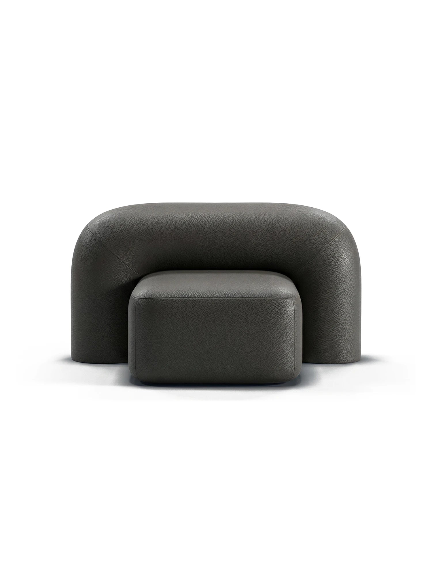 ARTU Moss Lounge Chair, a contemporary dark gray lounge chair featuring a distinctive U-shaped back and armrest structure in textured, pebbled upholstery, enveloping a separate rectangular seat cushion. This sculptural armchair offers a bold, voluminous silhouette. Ideal for modern minimalist living rooms, organic modern interiors, or as a statement bedroom accent.