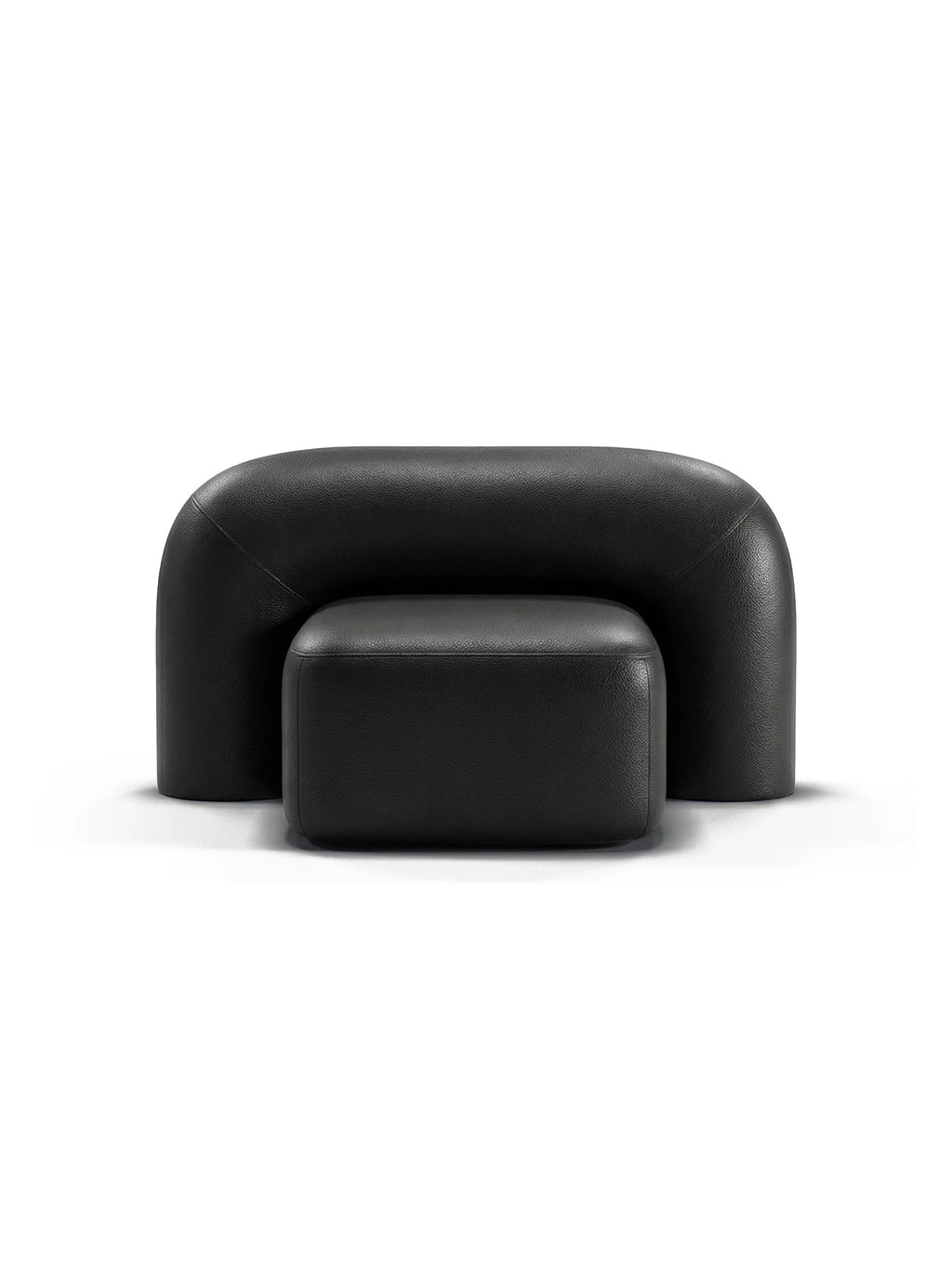 ARTU Moss Lounge Chair, a striking black faux leather lounge chair featuring a plush, U-shaped back and armrest with a smooth, pebbled texture, paired with a matching rectangular ottoman for ultimate comfort. This organic modern and sculptural piece is perfect as a contemporary living room accent or a minimalist bedroom chair.
