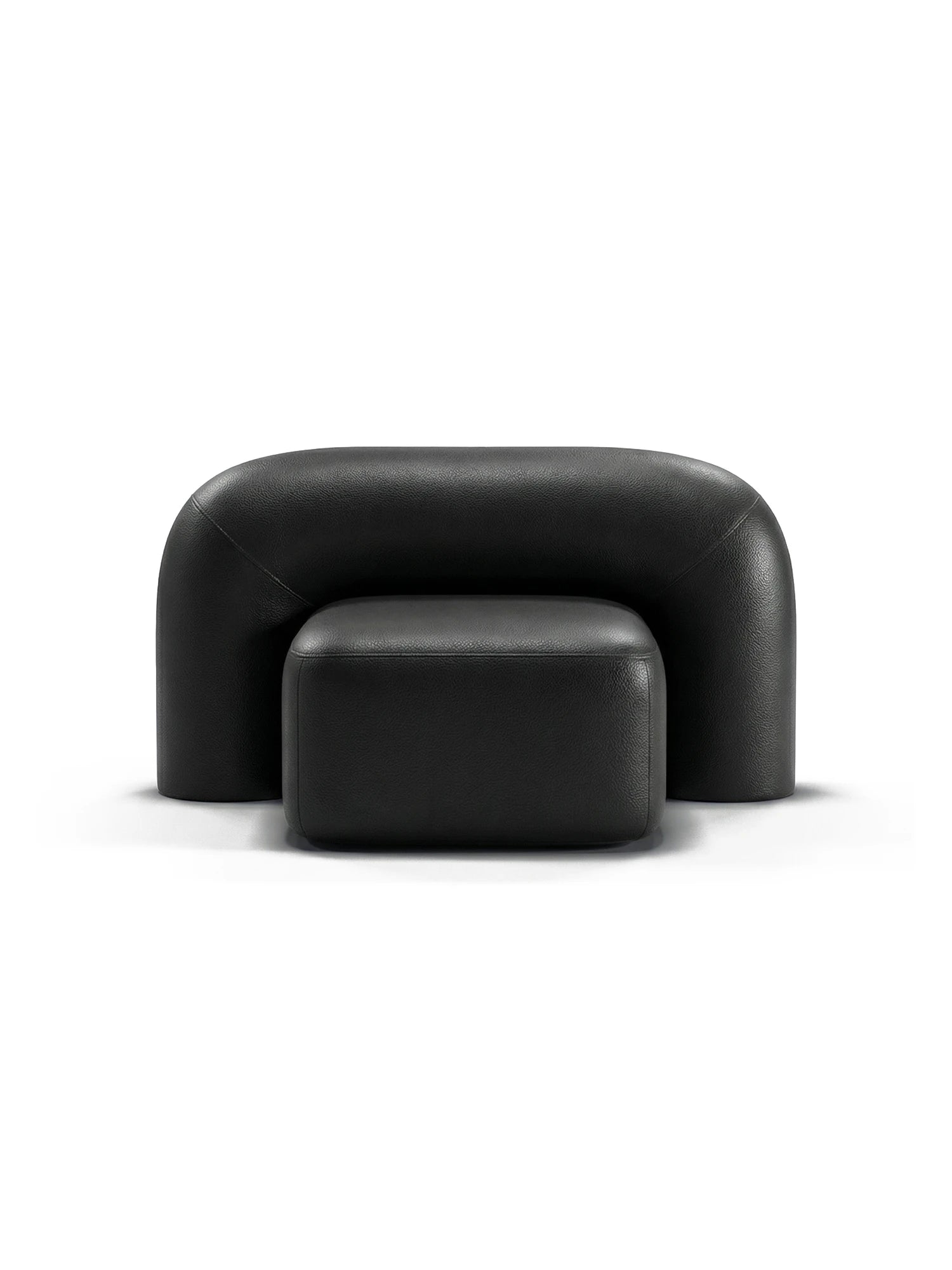 ARTU Moss Lounge Chair, a striking black faux leather lounge chair featuring a plush, U-shaped back and armrest with a smooth, pebbled texture, paired with a matching rectangular ottoman for ultimate comfort. This organic modern and sculptural piece is perfect as a contemporary living room accent or a minimalist bedroom chair.
