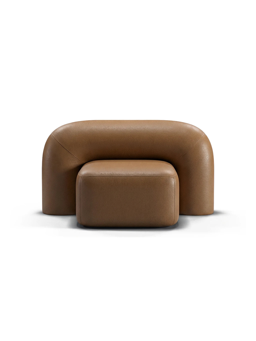 ARTU Moss Lounge Chair, a sculptural organic modern lounge chair upholstered in rich tan pebbled faux leather, featuring a unique two-piece design with a deeply rounded backrest and a plush rectangular seat. This contemporary accent chair, with its soft, inviting curves, is perfect for adding a statement piece to a modern living room or cozy lounge area.