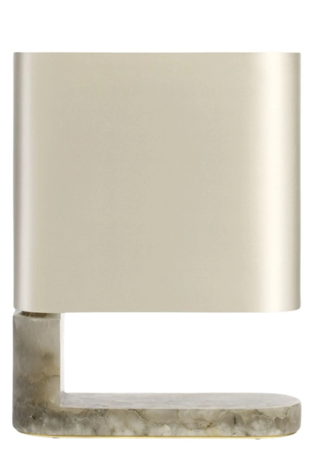 CTO Lighting Columbo Table Lamp, a luxurious modern minimalist table lamp featuring a smooth, matte cream-colored brushed metal shade with rounded corners. It rests on a distinctive L-shaped base crafted from richly veined natural stone, likely marble or onyx, with a subtle brass accent detail along the bottom edge. This contemporary designer lamp is ideal for sophisticated living room accent lighting or as an elegant bedside table lamp.