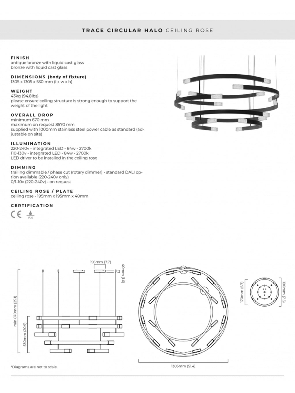 CTO Lighting Trace Circular Halo Chandelier, a grand contemporary chandelier featuring multiple layered antique bronze rings, intricately designed with integrated liquid cast glass segments that diffuse warm LED illumination.