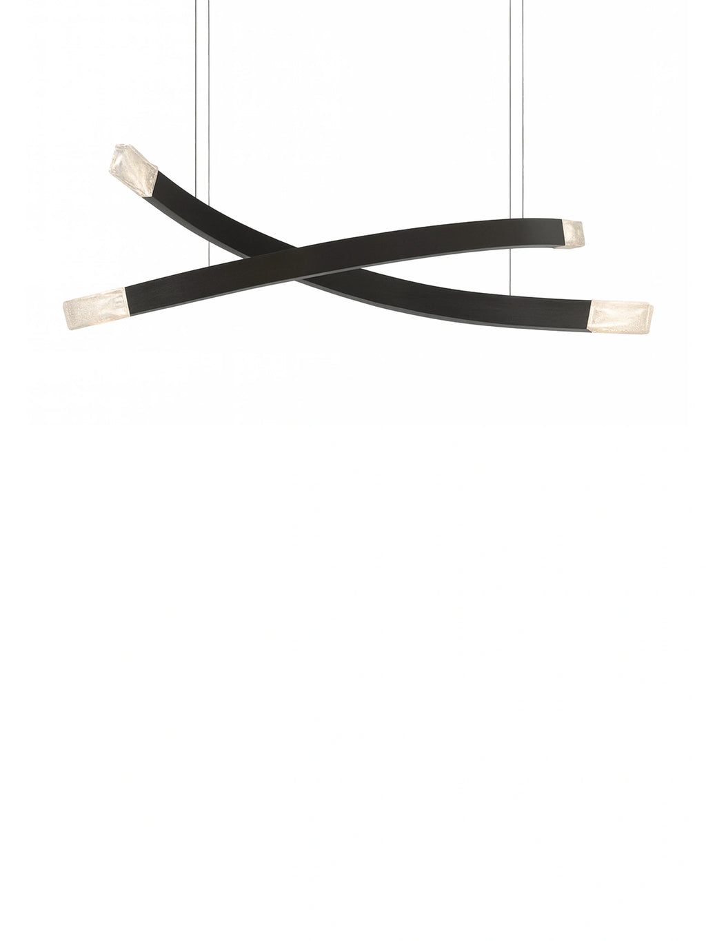 CTO Lighting Trace Linear X Chandelier, a modern sculptural linear pendant lamp featuring two intersecting, gently curved bars crafted from matte black metal.