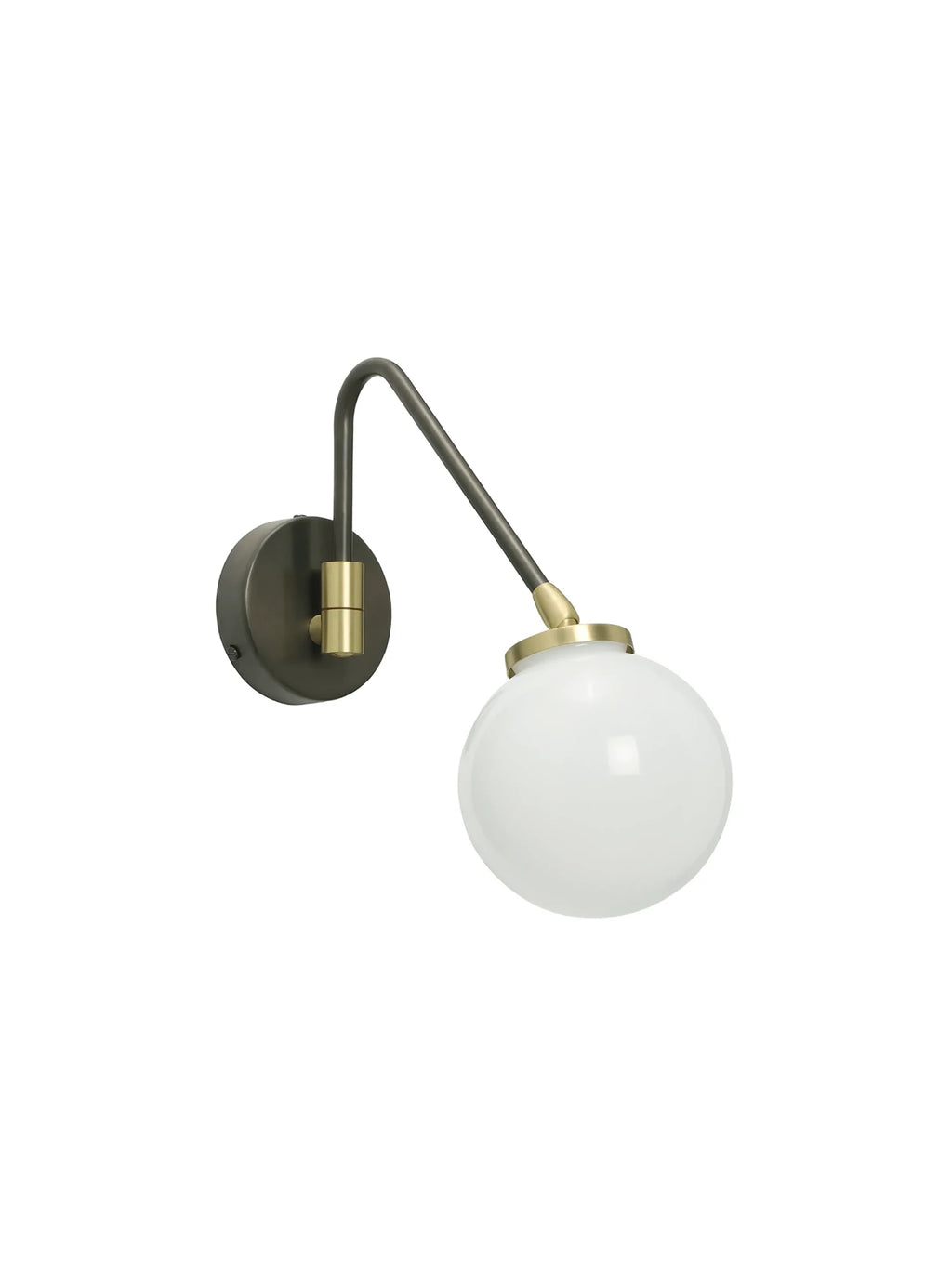 CTO Lighting Array Single Wall Lamp, a modern minimalist wall sconce featuring a gracefully curved dark bronze metal arm and round wall mount, accented with elegant brushed brass details. It holds a spherical white opal glass globe shade, offering soft diffused light with a mid-century modern influence. Ideal as a contemporary bedside lamp or a stylish accent for living rooms and hallways.