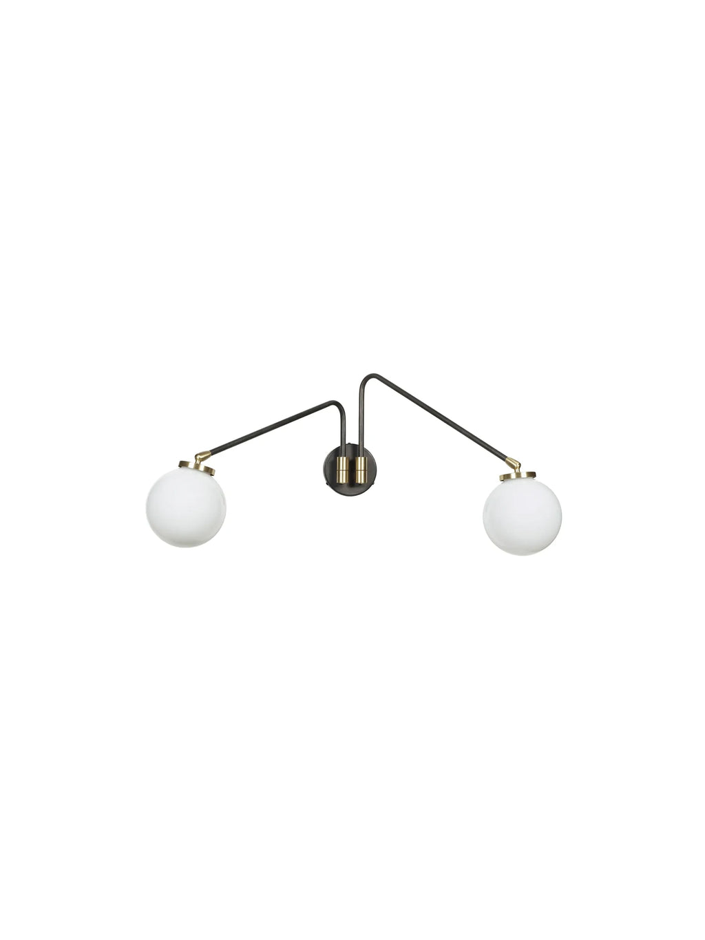 CTO Lighting Array Twin Wall Lamp, a modern minimalist wall light featuring two adjustable matte black metal arms connected by brushed brass accents, each holding a luminous white opal glass globe. This contemporary wall sconce offers architectural lighting for sophisticated living rooms or elegant bedroom spaces.
